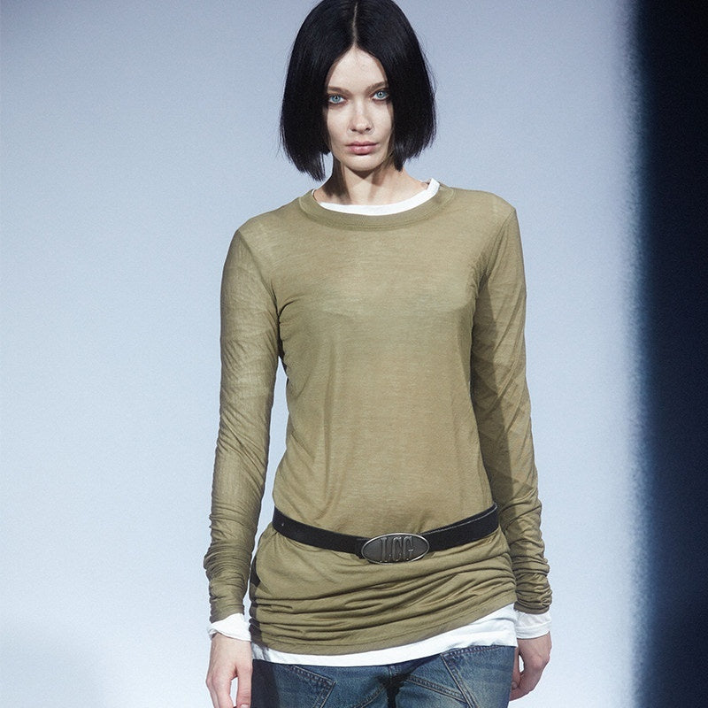 LYUOCHENG_Army_Green_Mesh_Crew_Neck_Straight_Solid_Women&