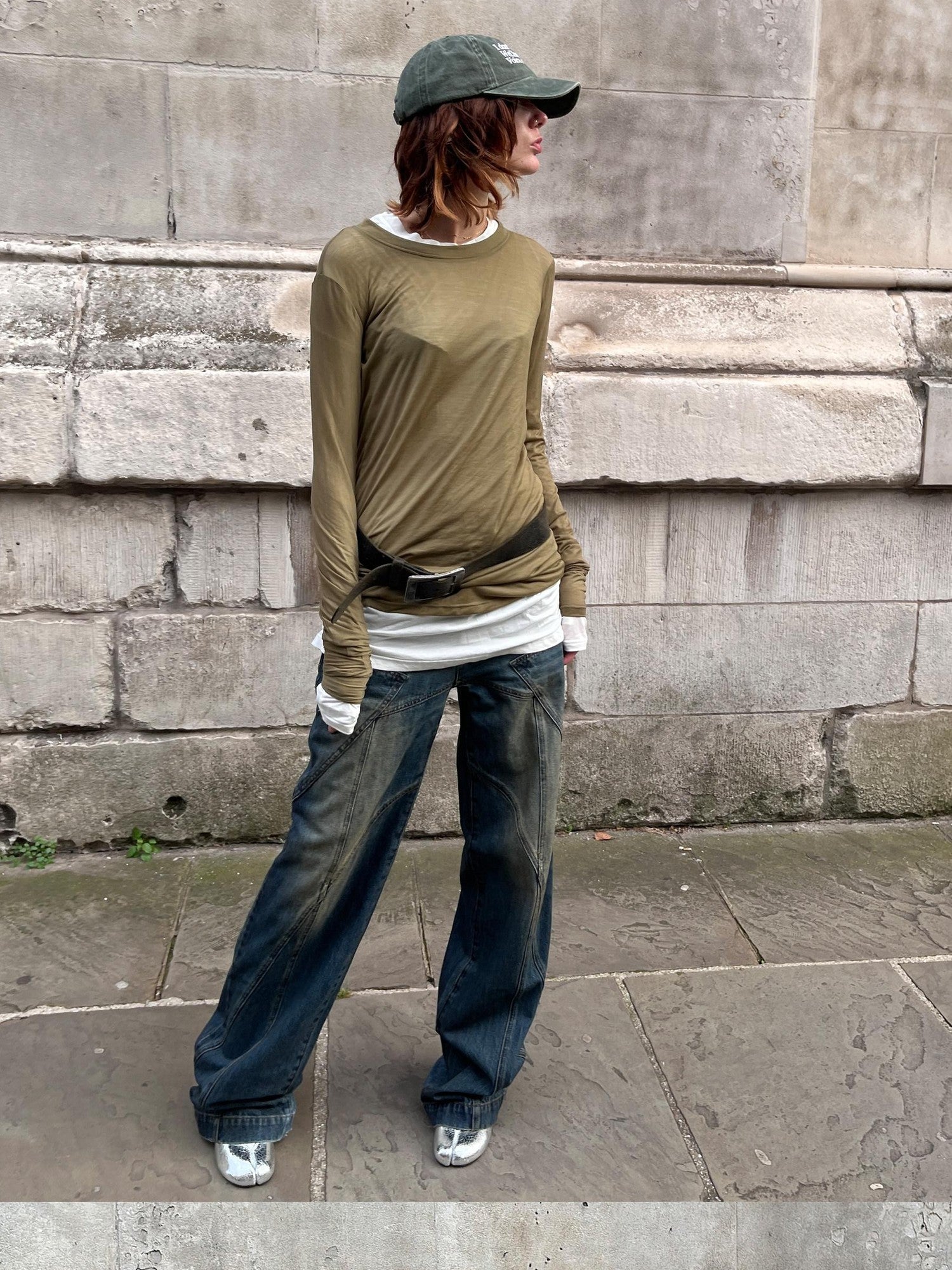 LYUOCHENG Army Green Mesh Crew Neck Straight Solid Women&