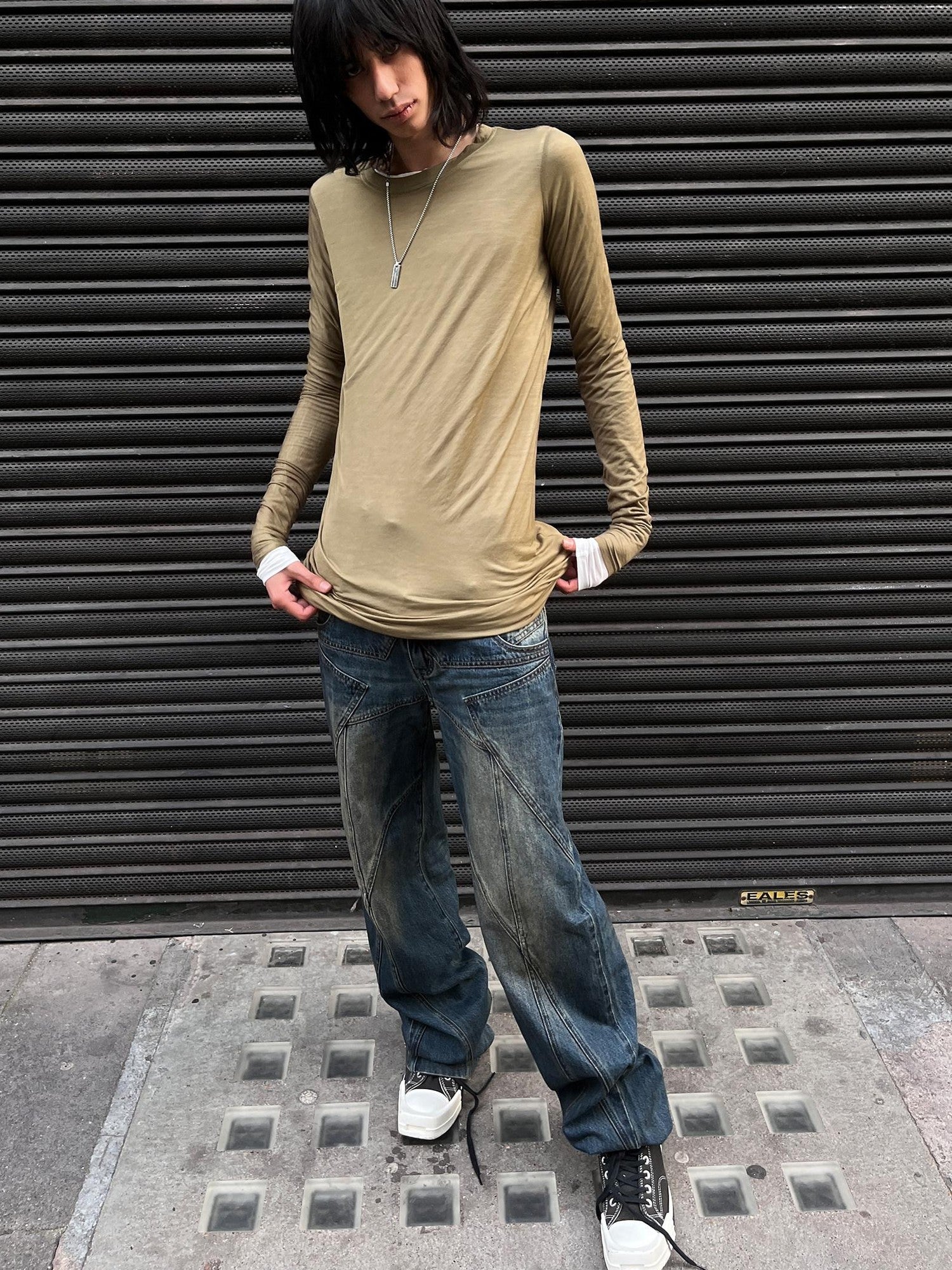 LYUOCHENG Army Green Mesh Crew Neck Straight Solid Women&