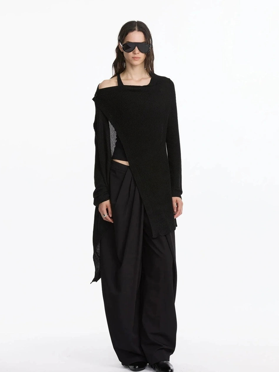 LYUOCHENG Asymmetrical Draped Neck Knit Cardigan