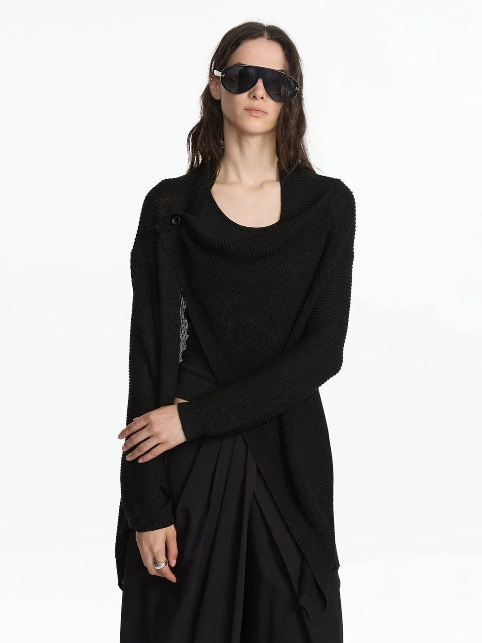 LYUOCHENG Asymmetrical Draped Neck Knit Cardigan
