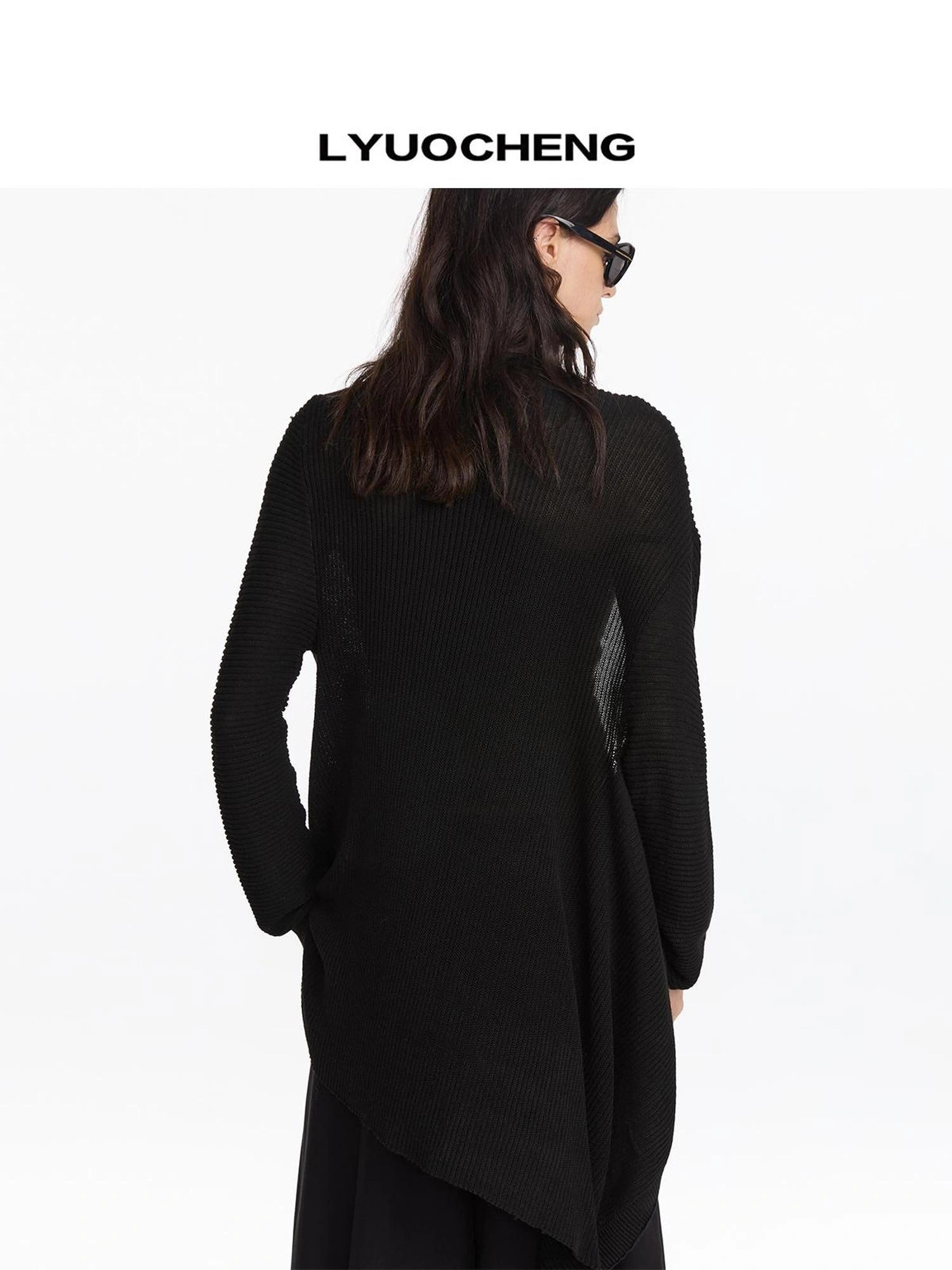 LYUOCHENG Asymmetrical Draped Neck Knit Cardigan