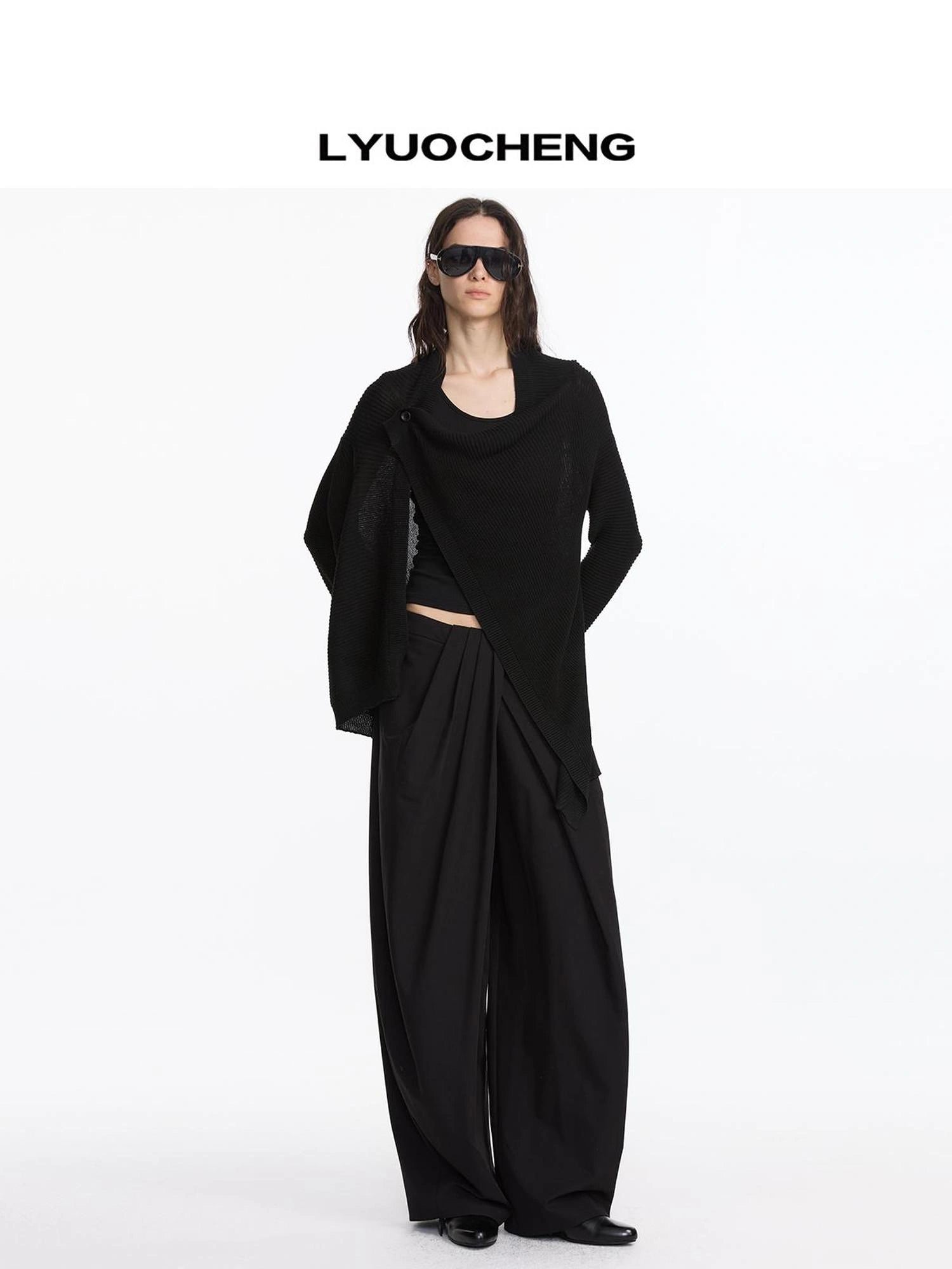 LYUOCHENG Asymmetrical Draped Neck Knit Cardigan