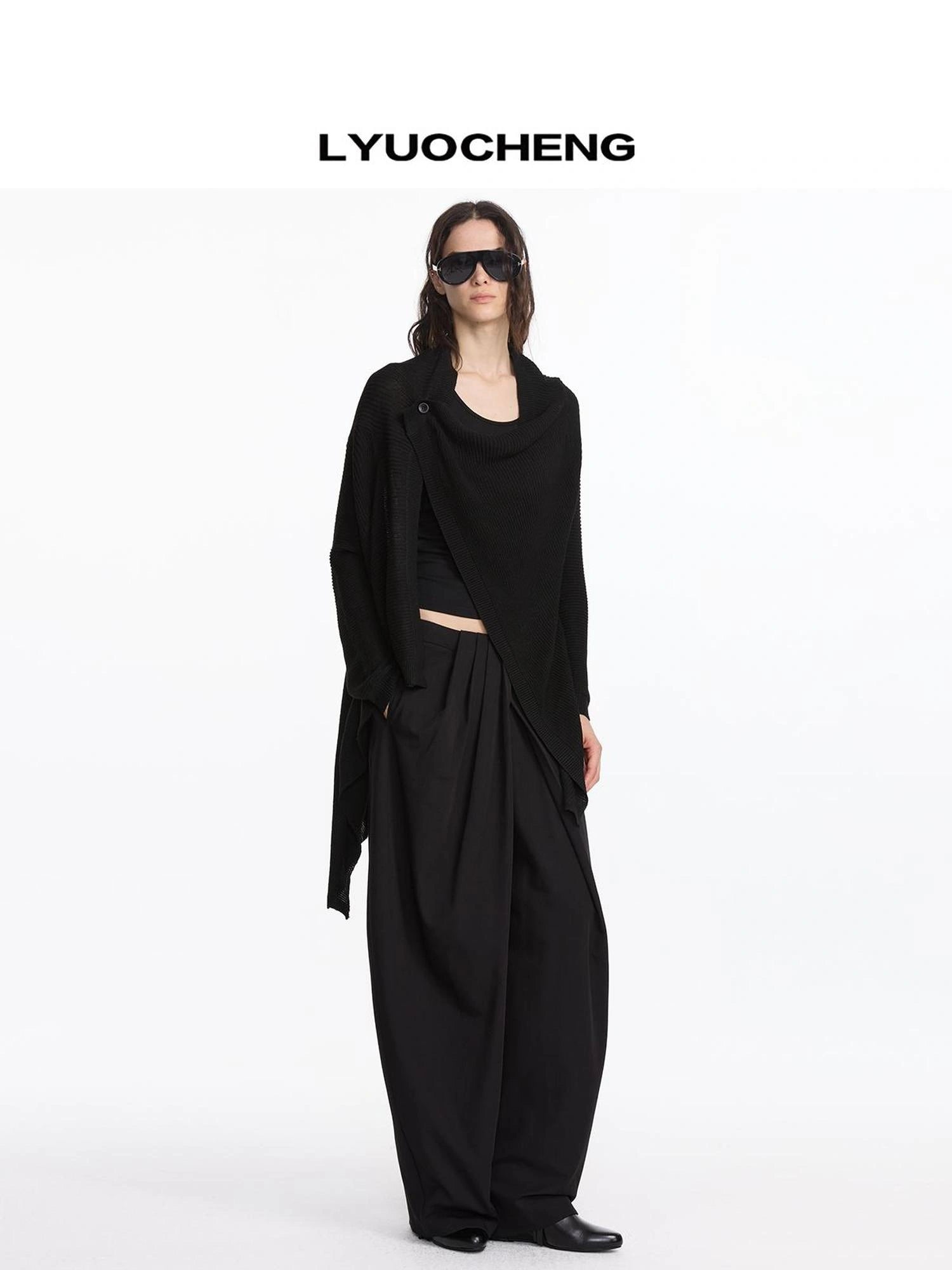 LYUOCHENG Asymmetrical Draped Neck Knit Cardigan