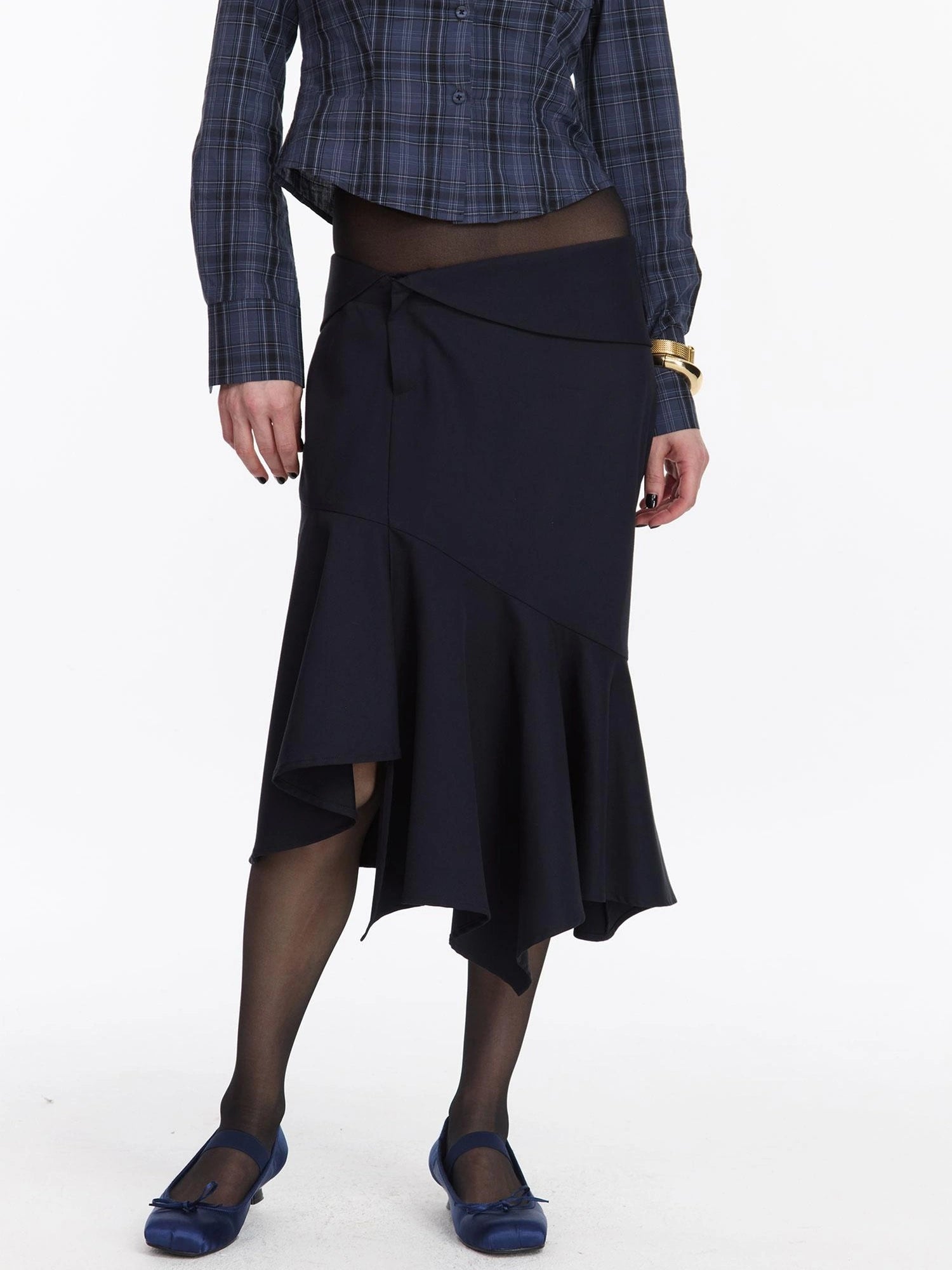 LYUOCHENG Asymmetrical Hem Flounce Skirt in Navy