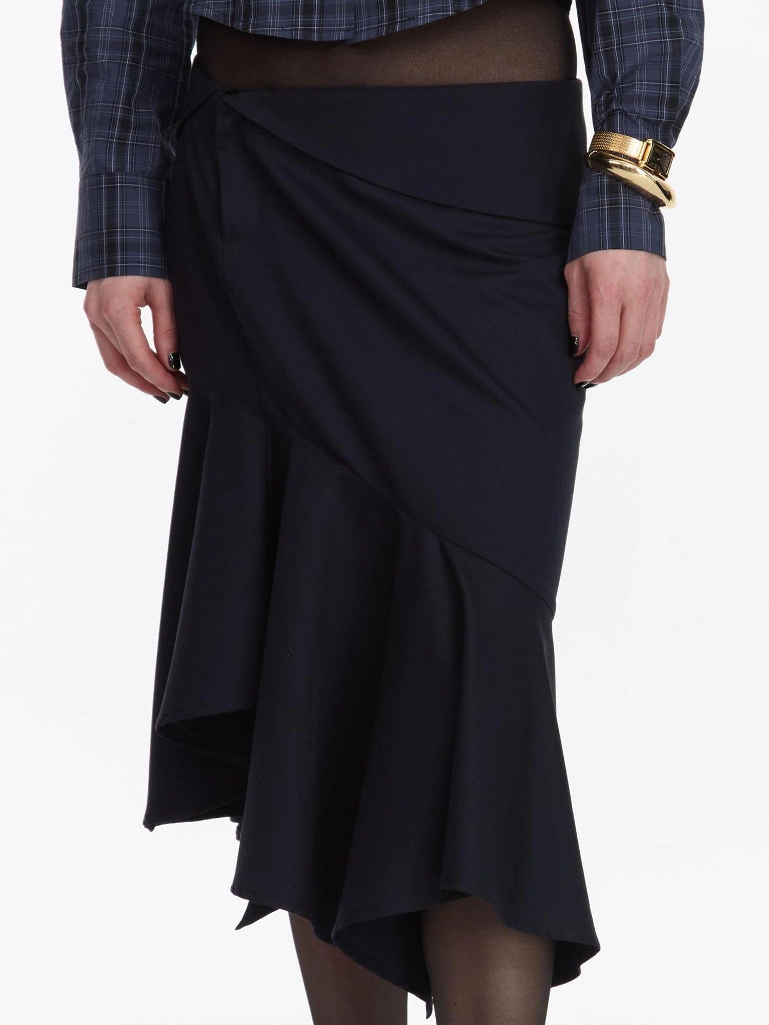 LYUOCHENG Asymmetrical Hem Flounce Skirt in Navy