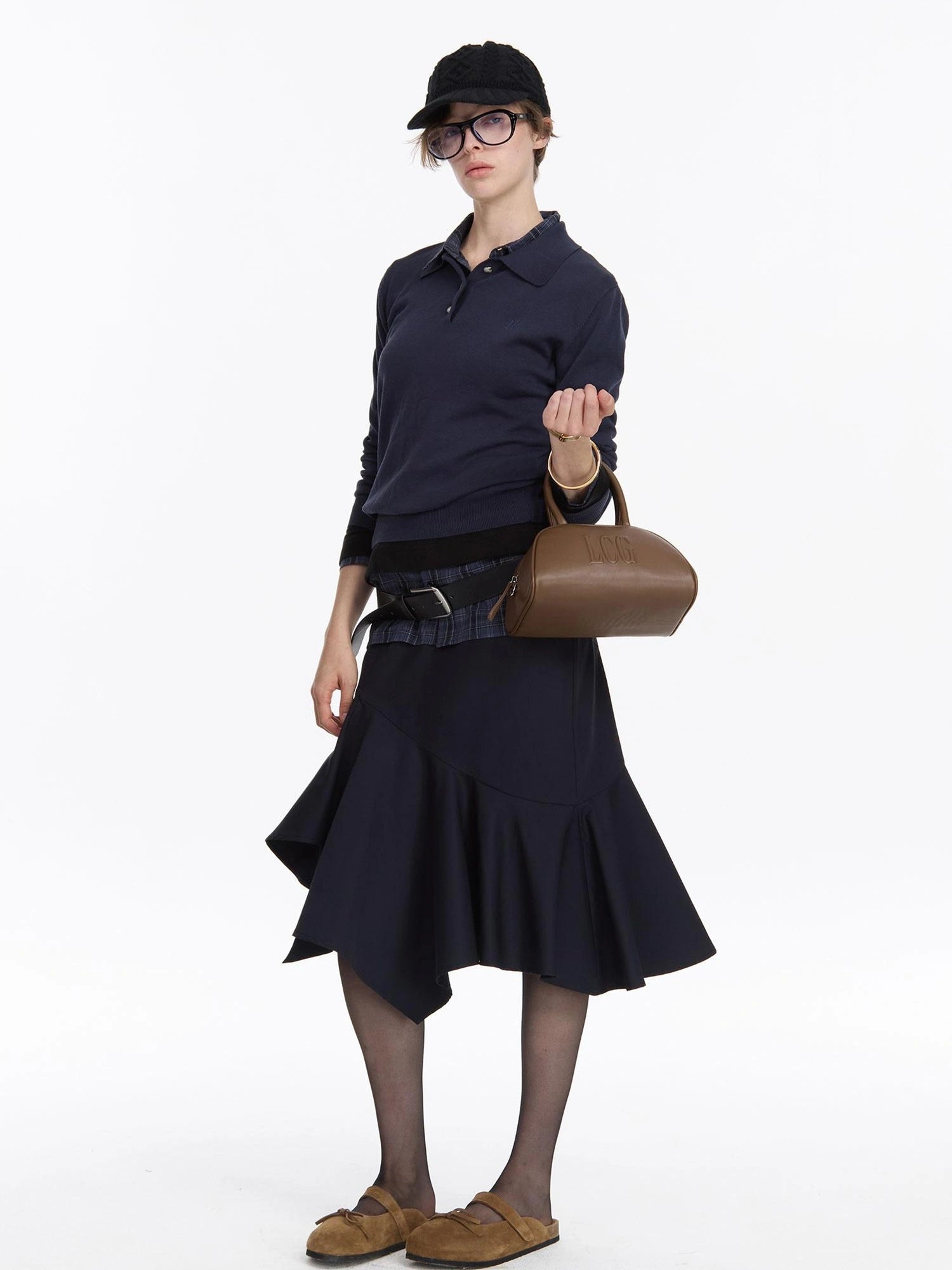 LYUOCHENG Asymmetrical Hem Flounce Skirt in Navy