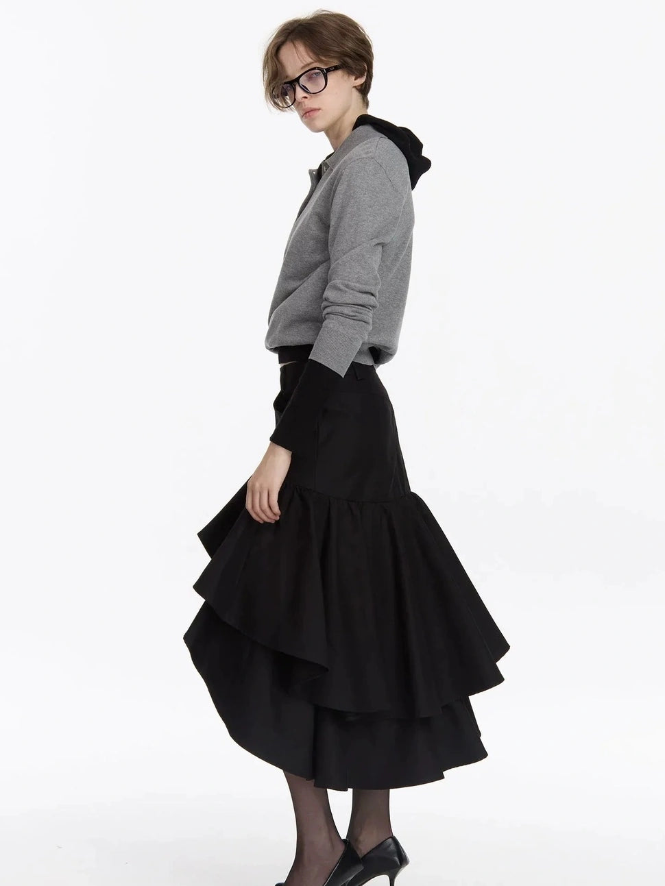 LYUOCHENG Asymmetrical Ruffle Hem A Line Skirt
