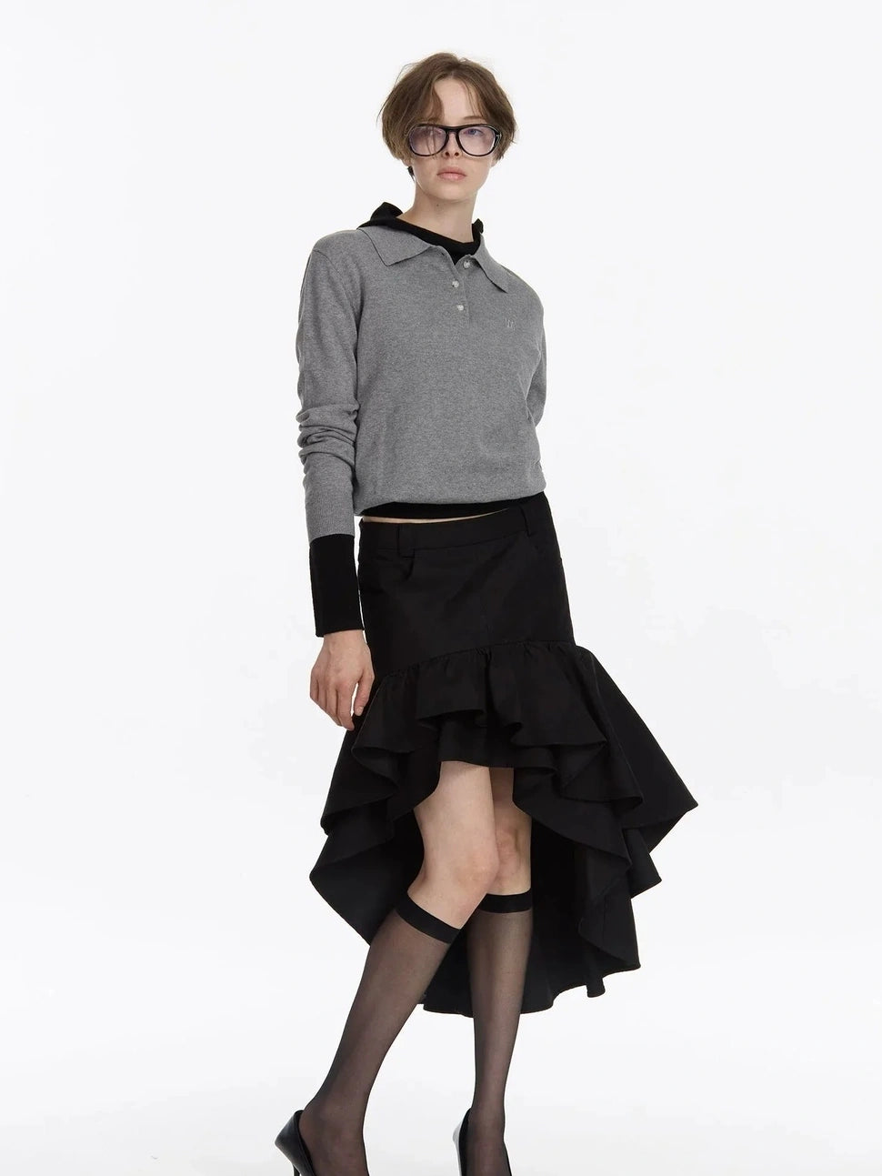 LYUOCHENG Asymmetrical Ruffle Hem A Line Skirt