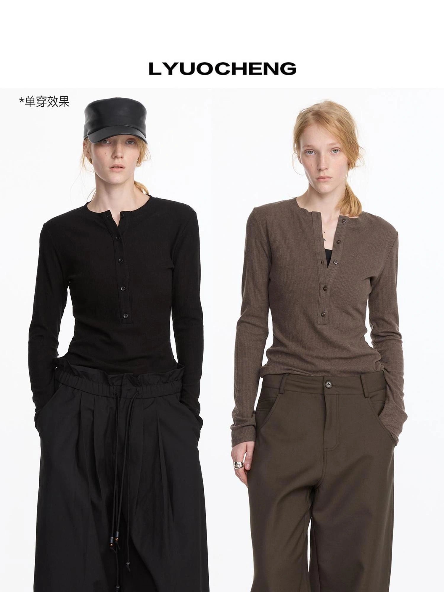 LYUOCHENG Autumn Acetate Henley Long Sleeve Top