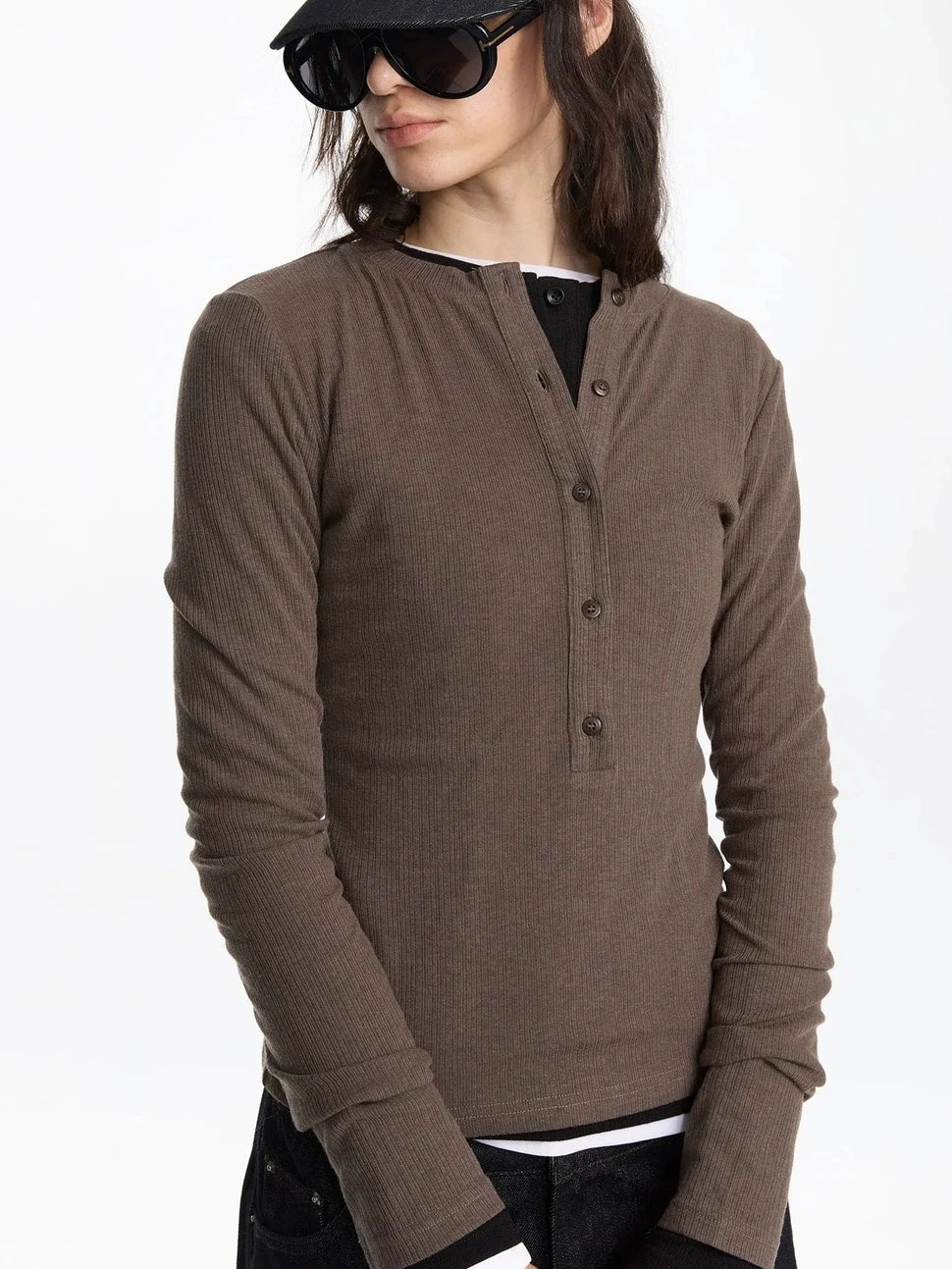 LYUOCHENG Autumn Acetate Henley Long Sleeve Top
