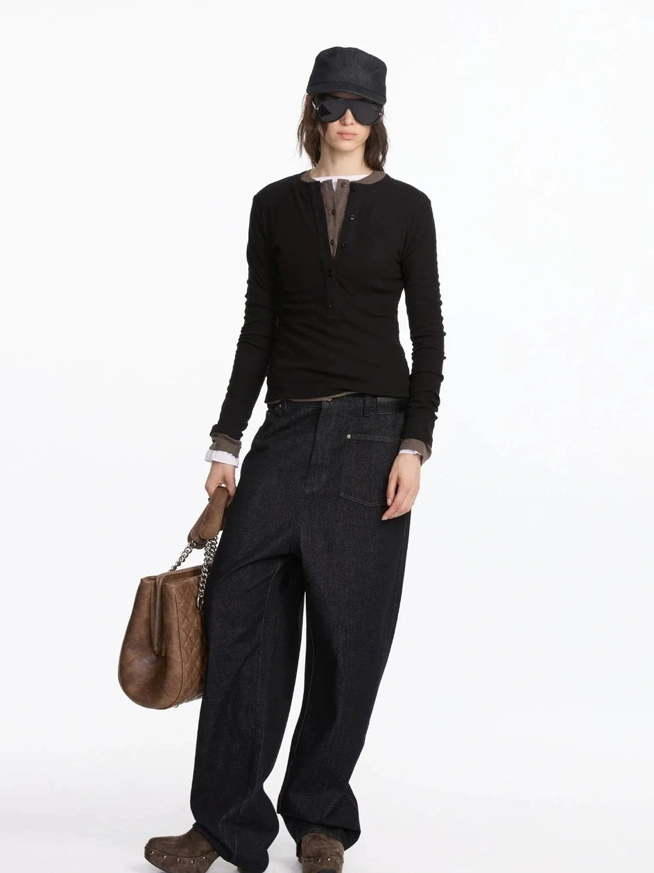 LYUOCHENG Autumn Acetate Henley Long Sleeve Top