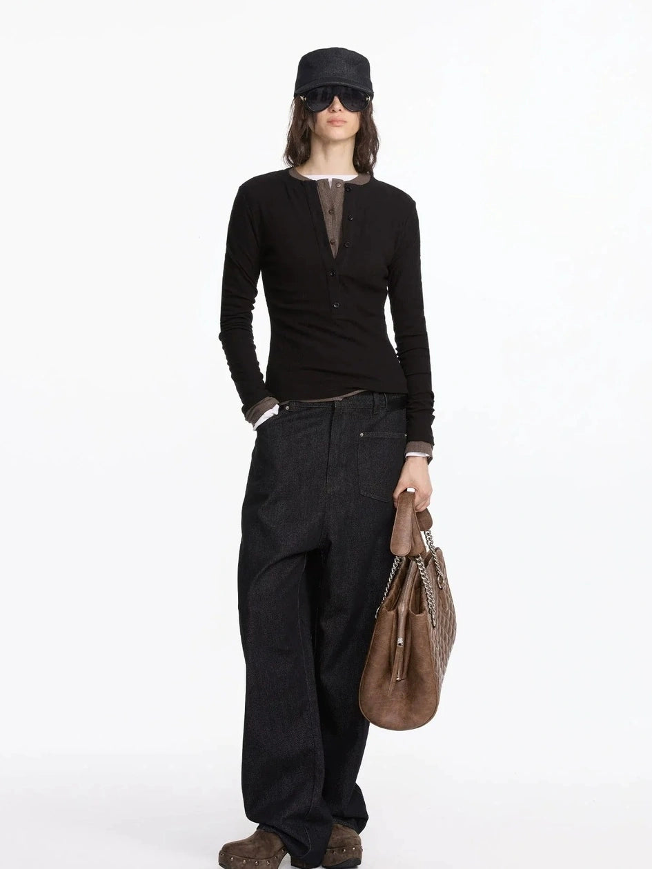 LYUOCHENG Autumn Acetate Henley Long Sleeve Top