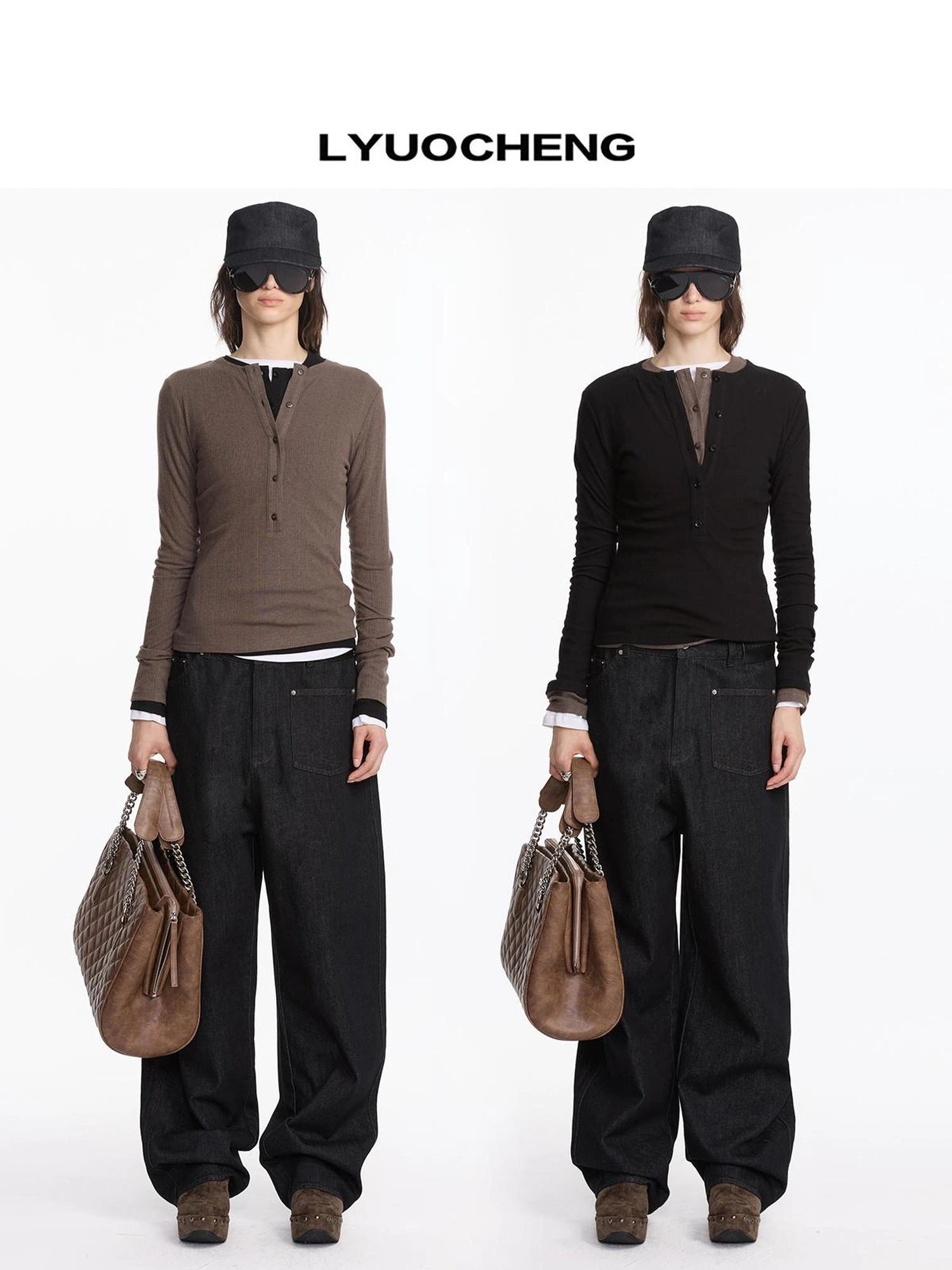 LYUOCHENG Autumn Acetate Henley Long Sleeve Top