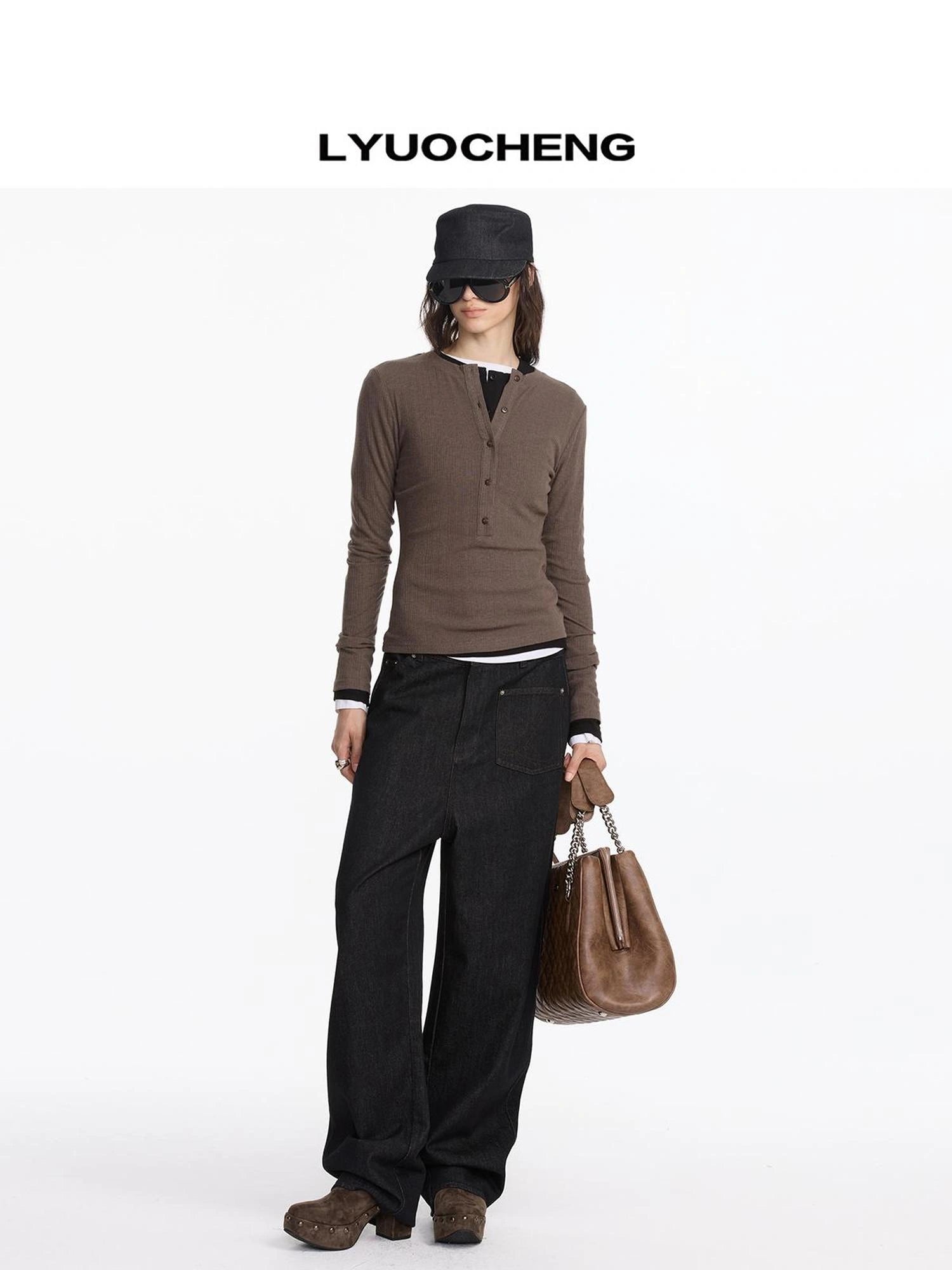 LYUOCHENG Autumn Acetate Henley Long Sleeve Top