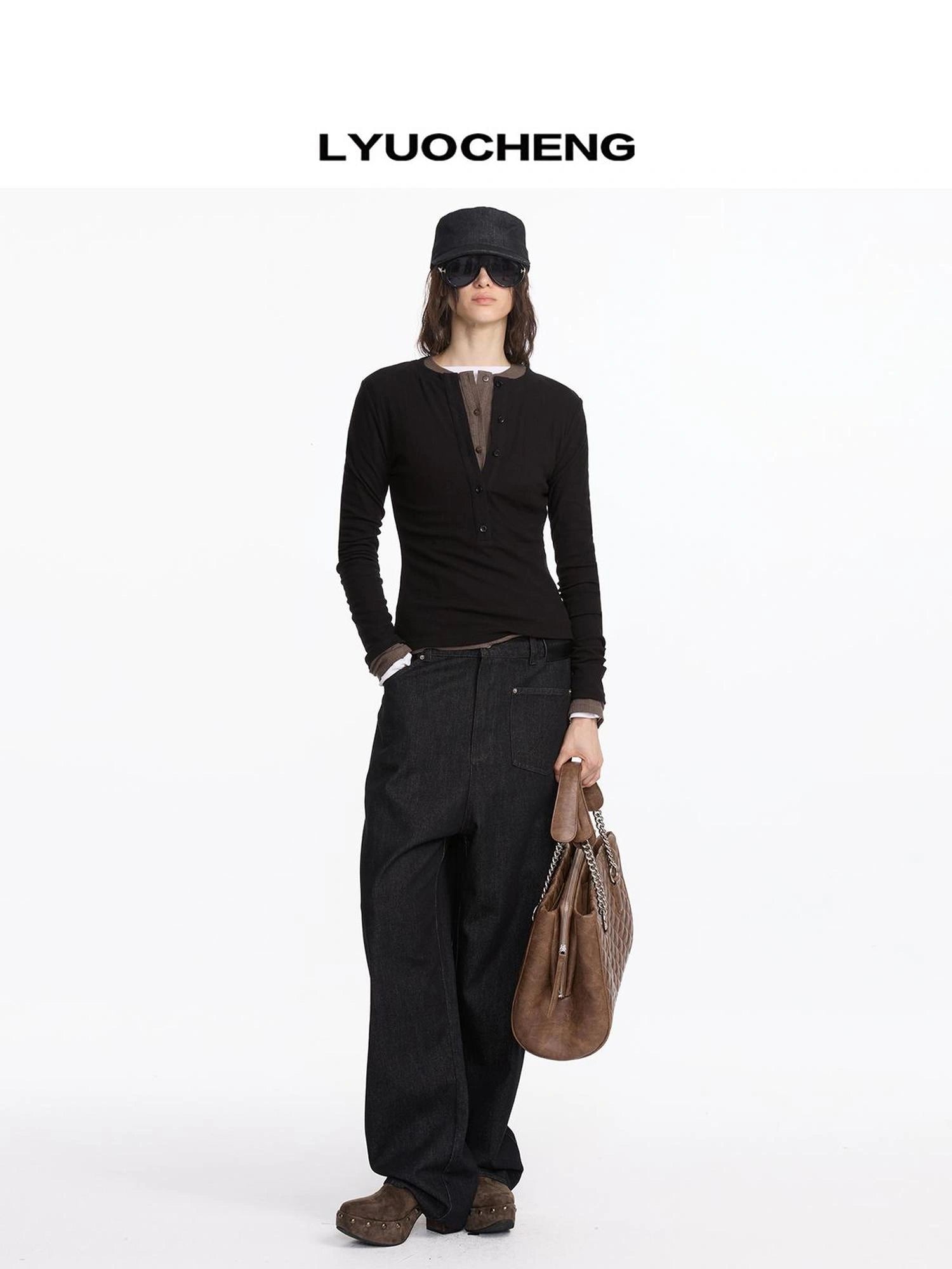 LYUOCHENG Autumn Acetate Henley Long Sleeve Top