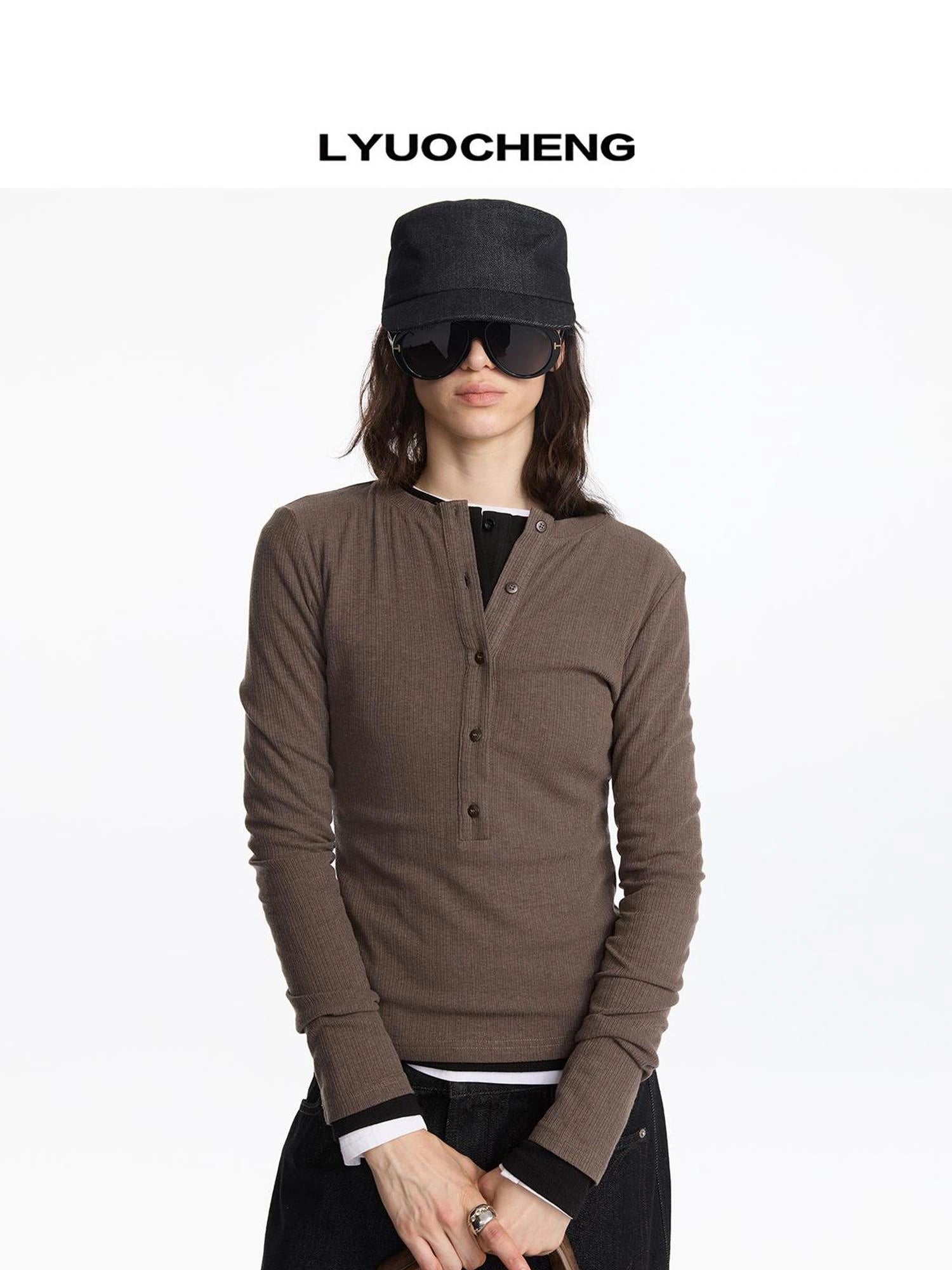 LYUOCHENG Autumn Acetate Henley Long Sleeve Top