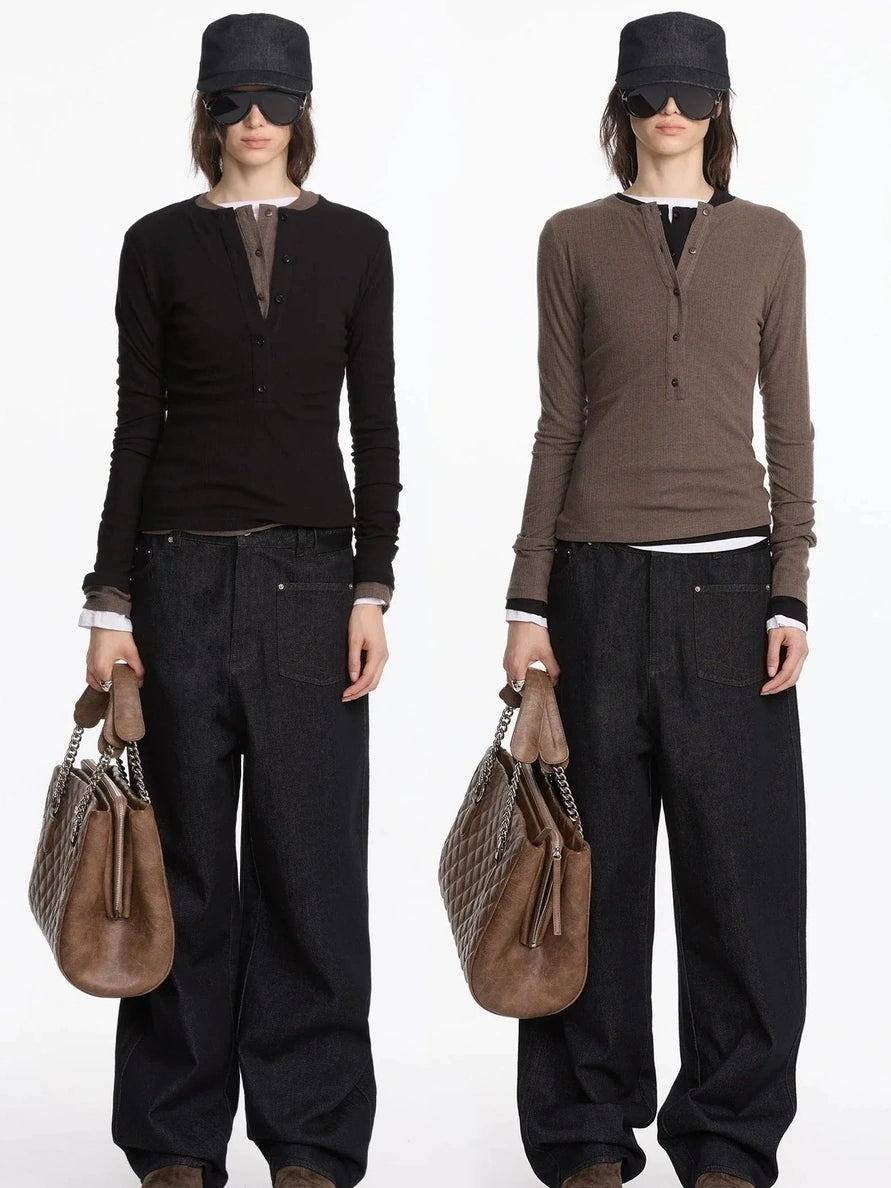 LYUOCHENG Autumn Acetate Henley Long Sleeve Top