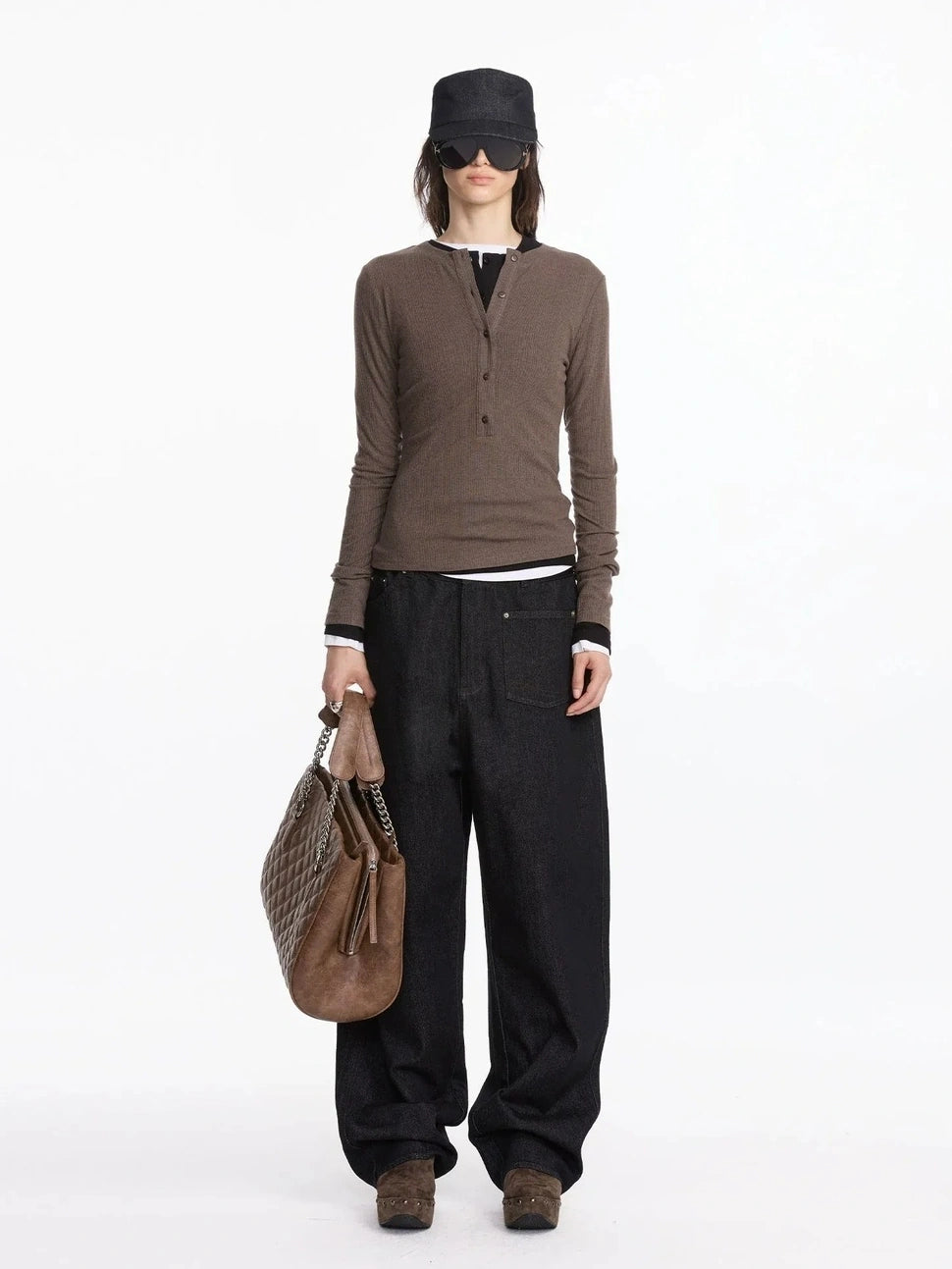LYUOCHENG Autumn Acetate Henley Long Sleeve Top