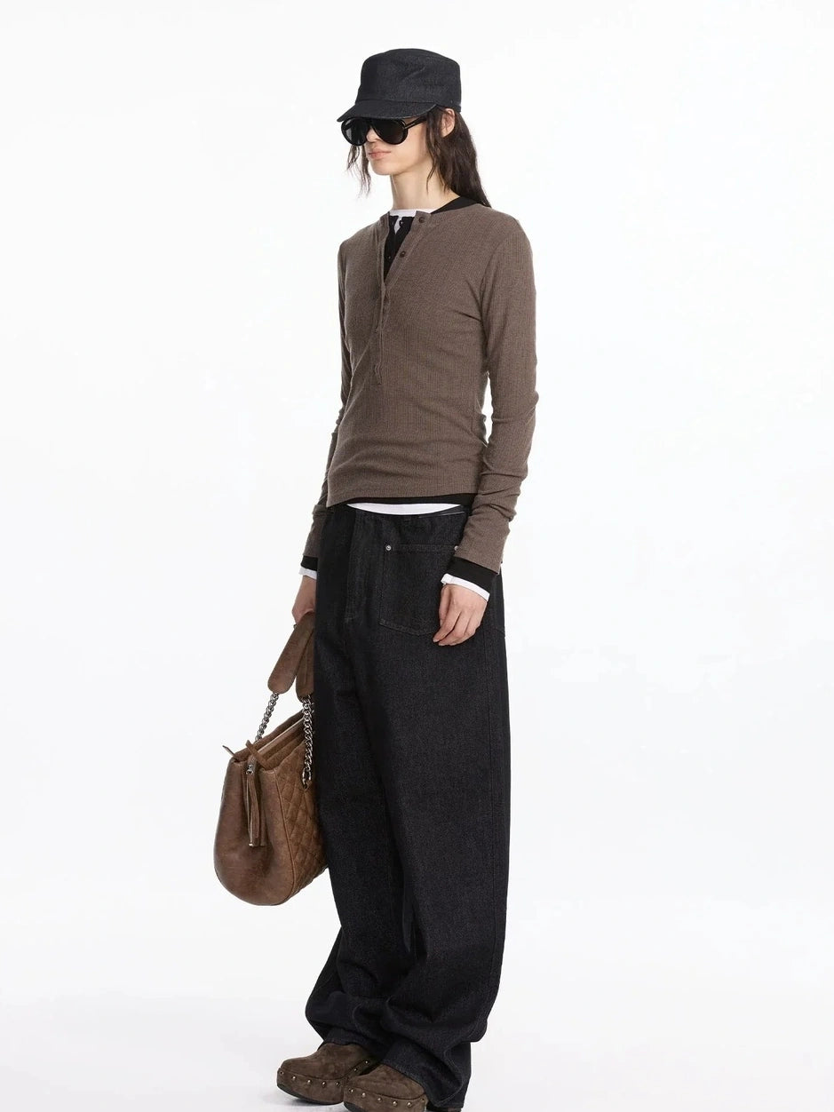 LYUOCHENG Autumn Acetate Henley Long Sleeve Top