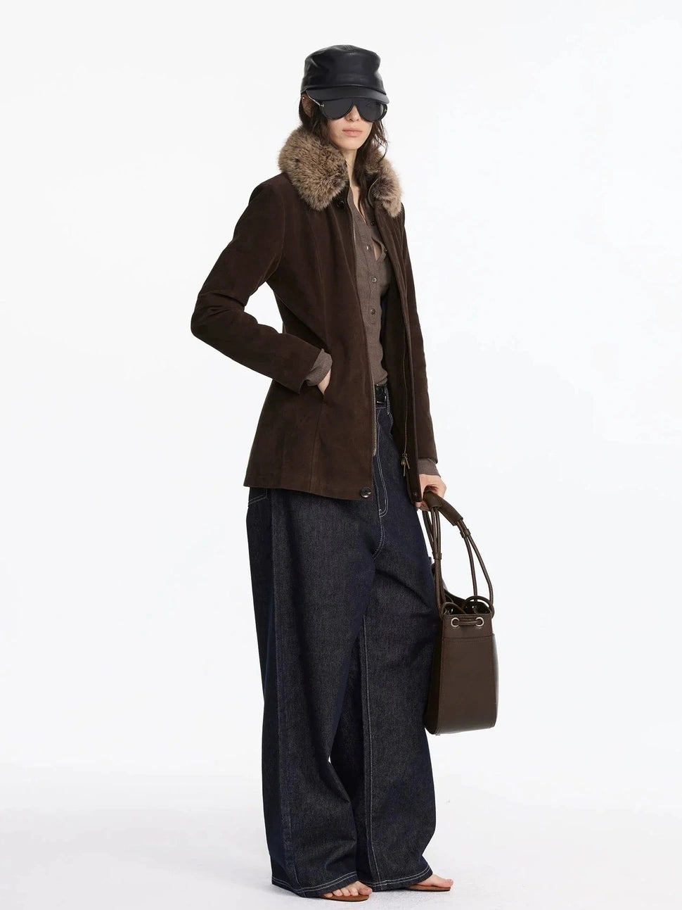 LYUOCHENG Autumn Suede Collar Slim Long Coat