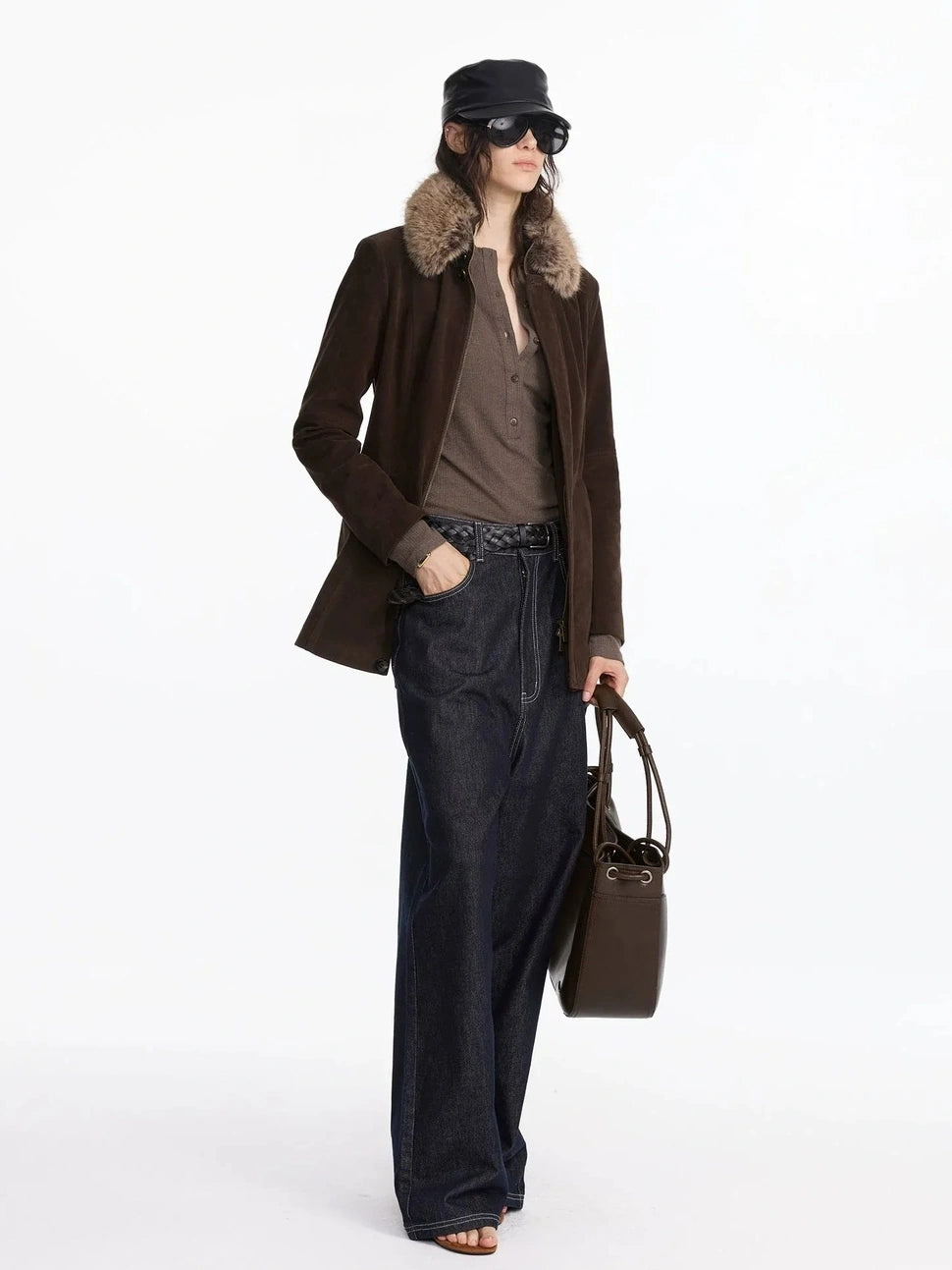LYUOCHENG Autumn Suede Collar Slim Long Coat
