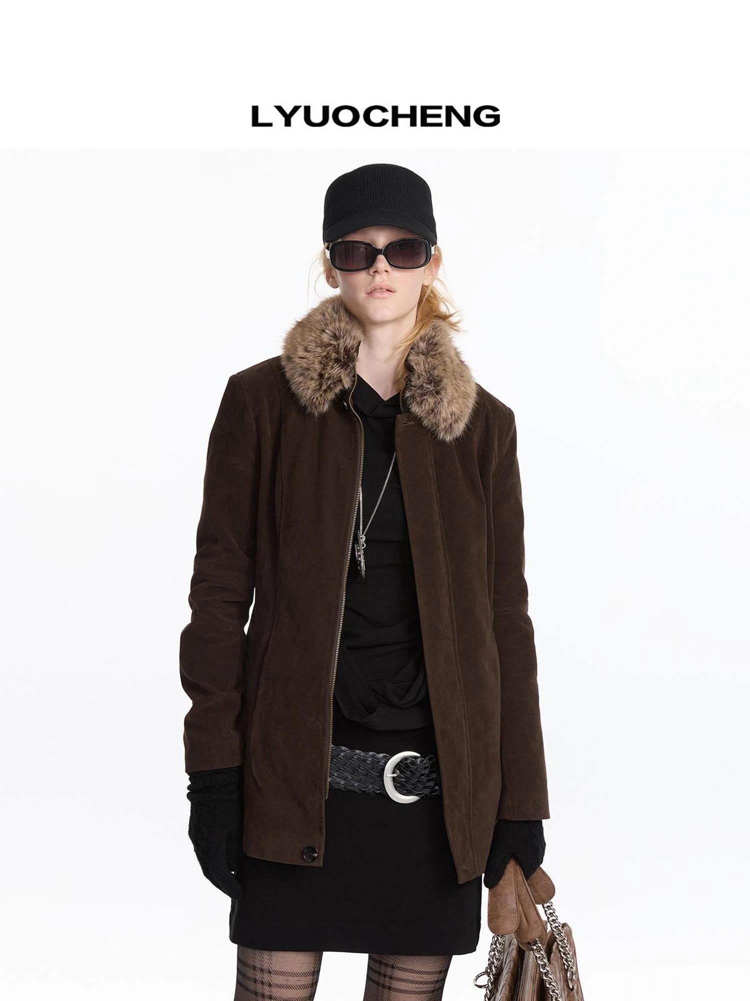 LYUOCHENG Autumn Suede Collar Slim Long Coat