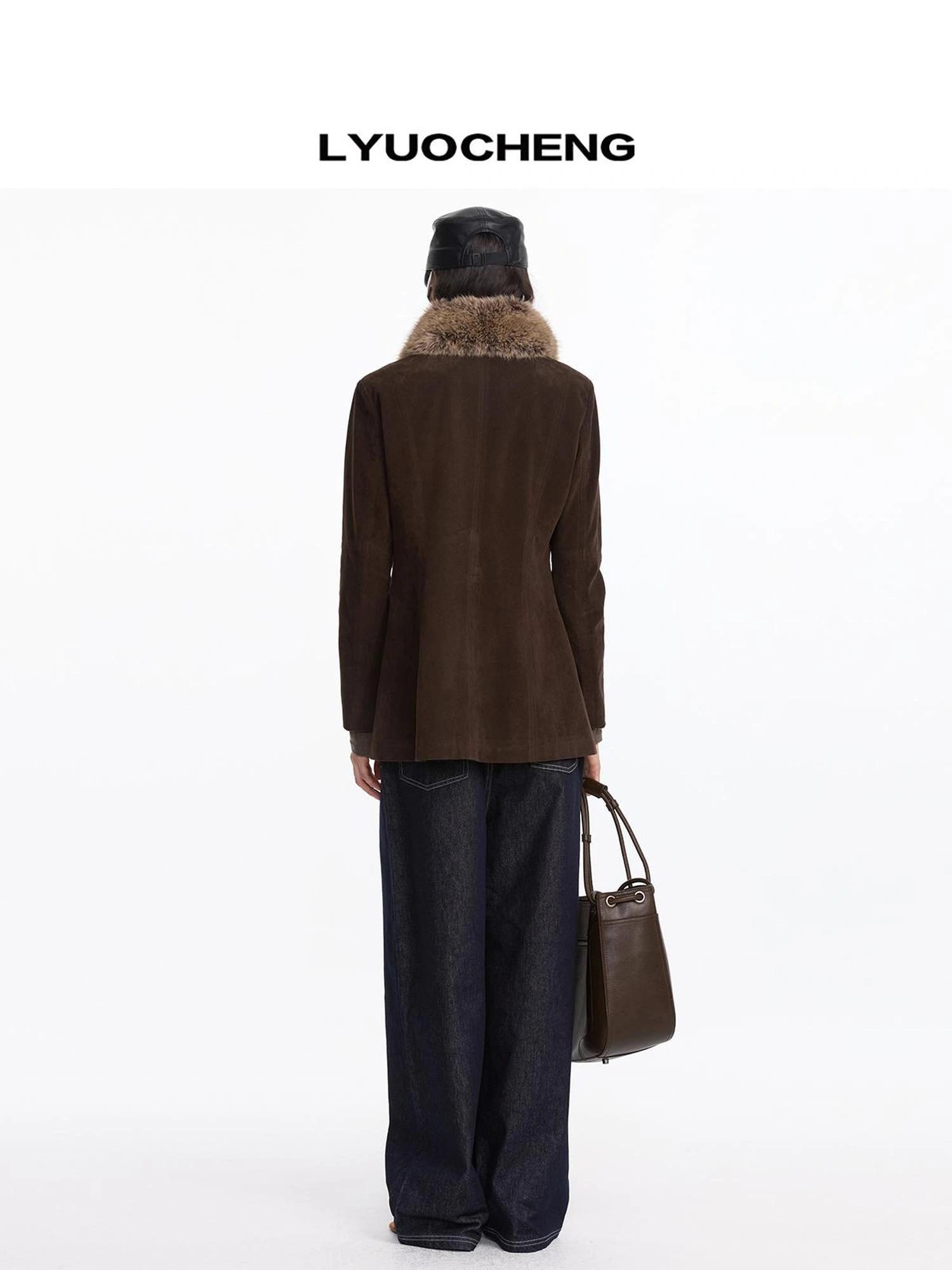 LYUOCHENG Autumn Suede Collar Slim Long Coat