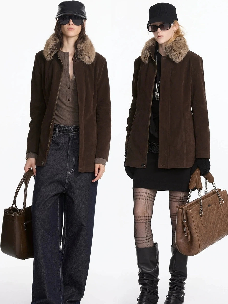LYUOCHENG Autumn Suede Collar Slim Long Coat