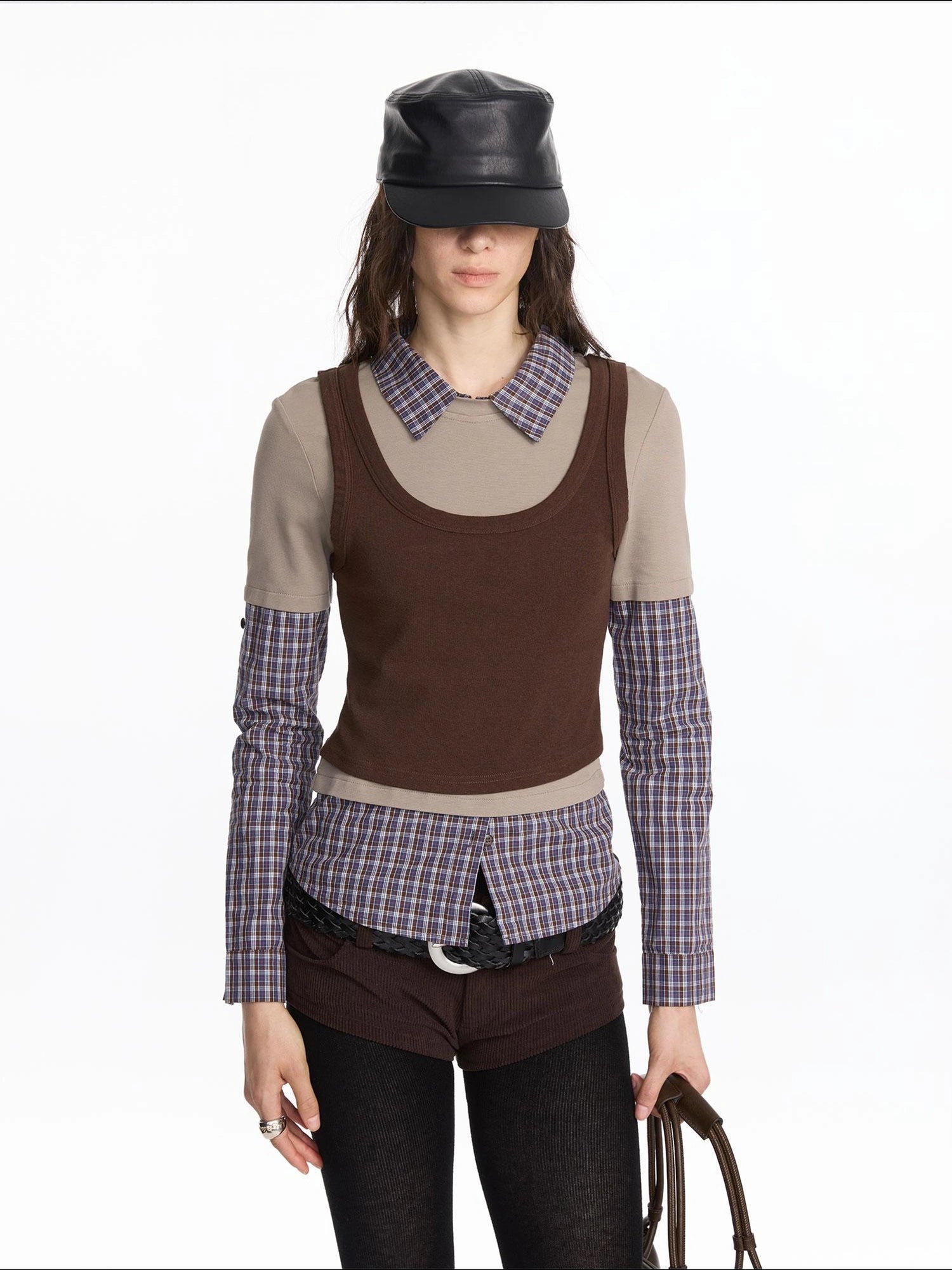 LYUOCHENG Autumn Winter Fake Three Piece Plaid Polo Long Sleeve Top