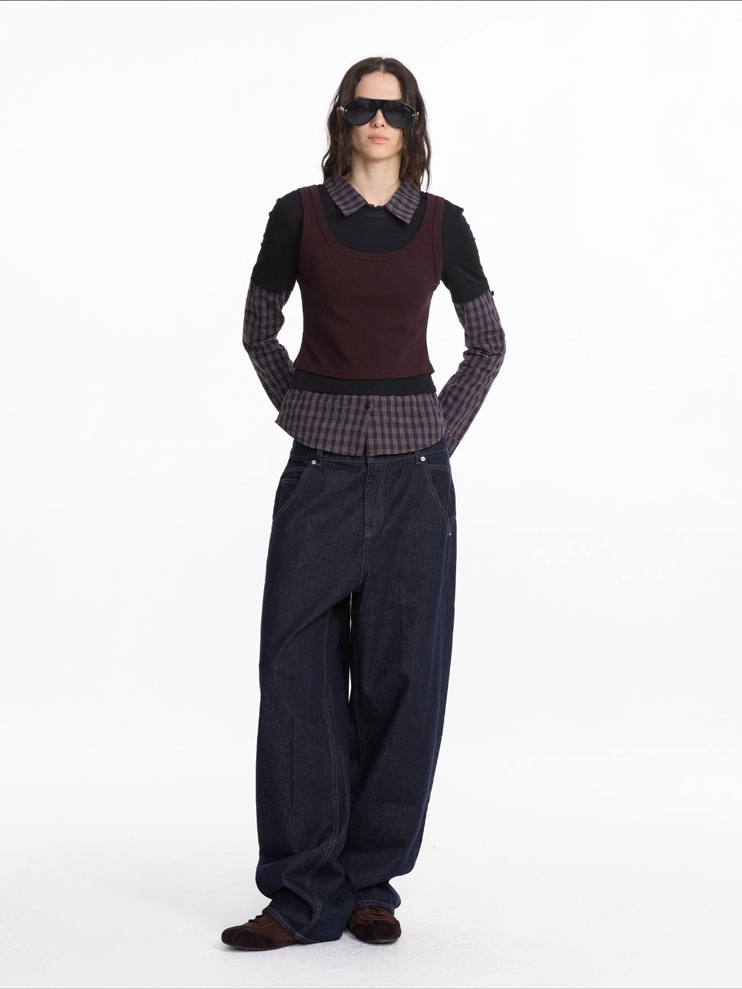 LYUOCHENG Autumn Winter Fake Three Piece Plaid Polo Long Sleeve Top