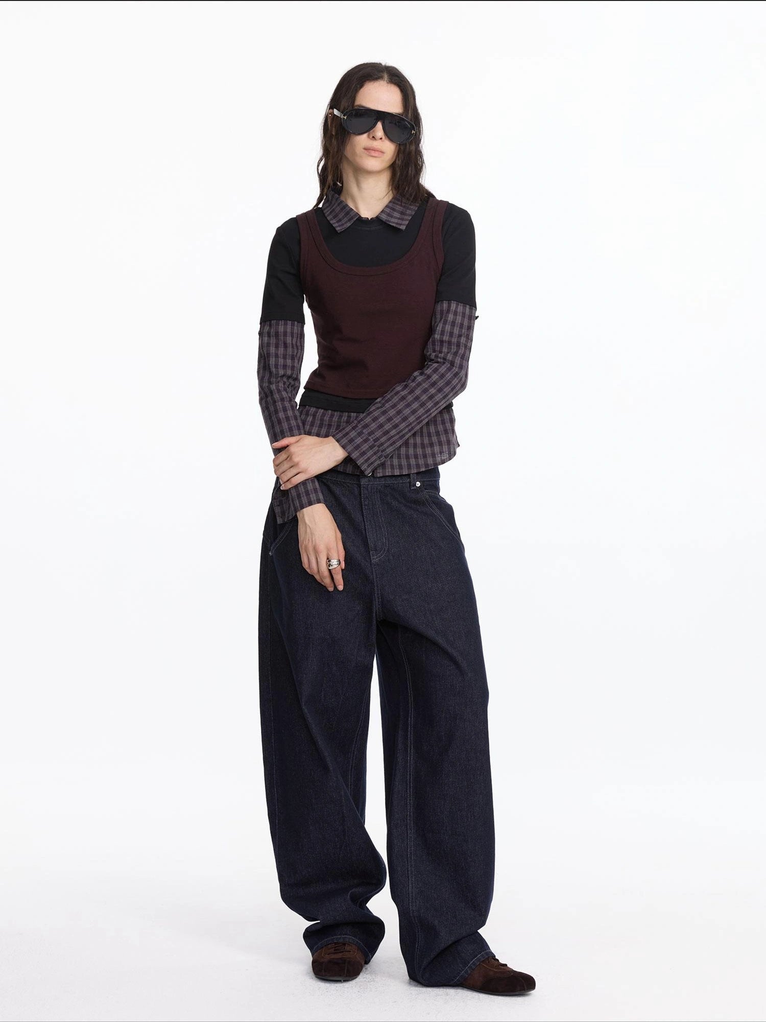 LYUOCHENG Autumn Winter Fake Three Piece Plaid Polo Long Sleeve Top