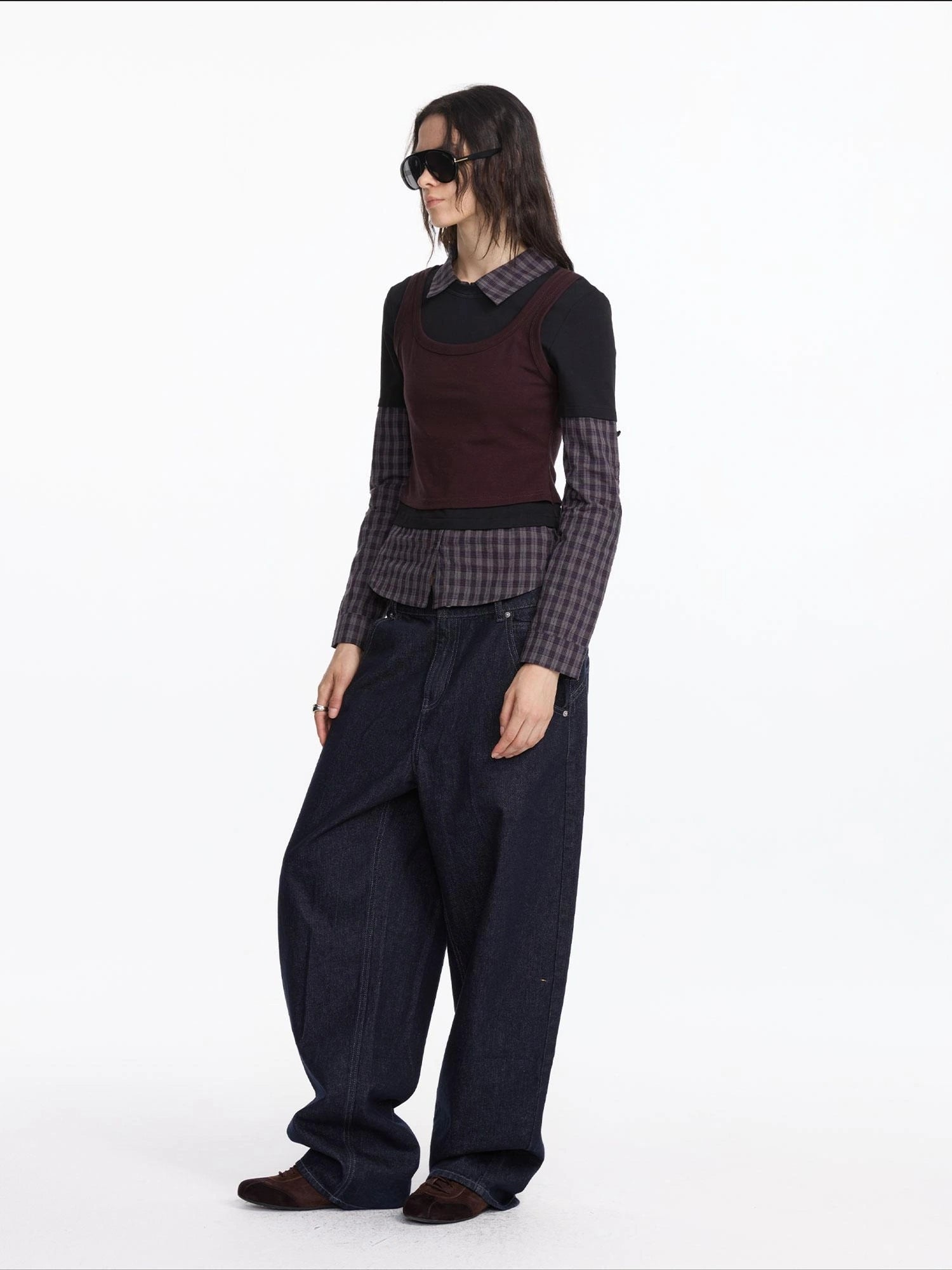 LYUOCHENG Autumn Winter Fake Three Piece Plaid Polo Long Sleeve Top