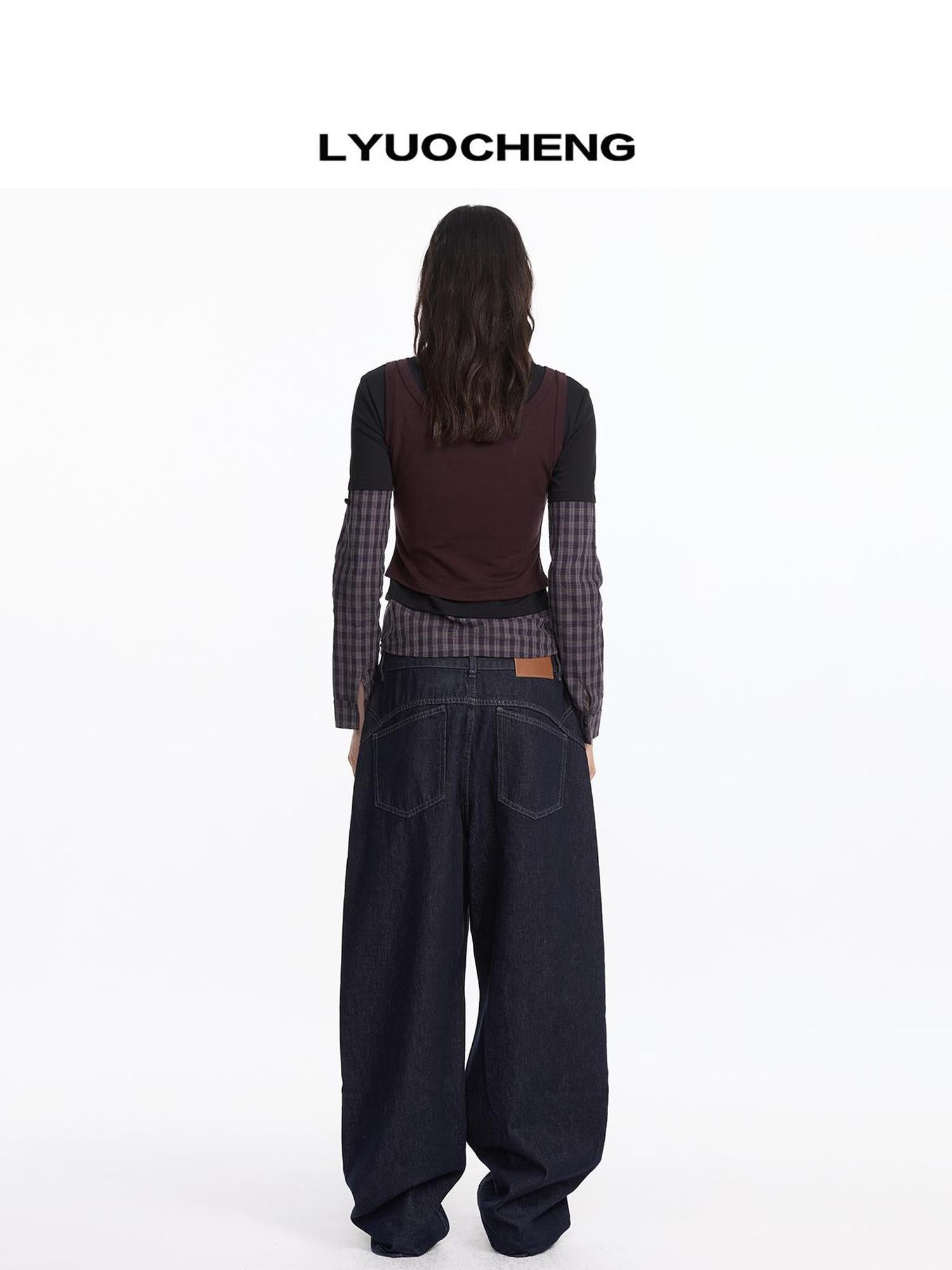 LYUOCHENG Autumn Winter Fake Three Piece Plaid Polo Long Sleeve Top