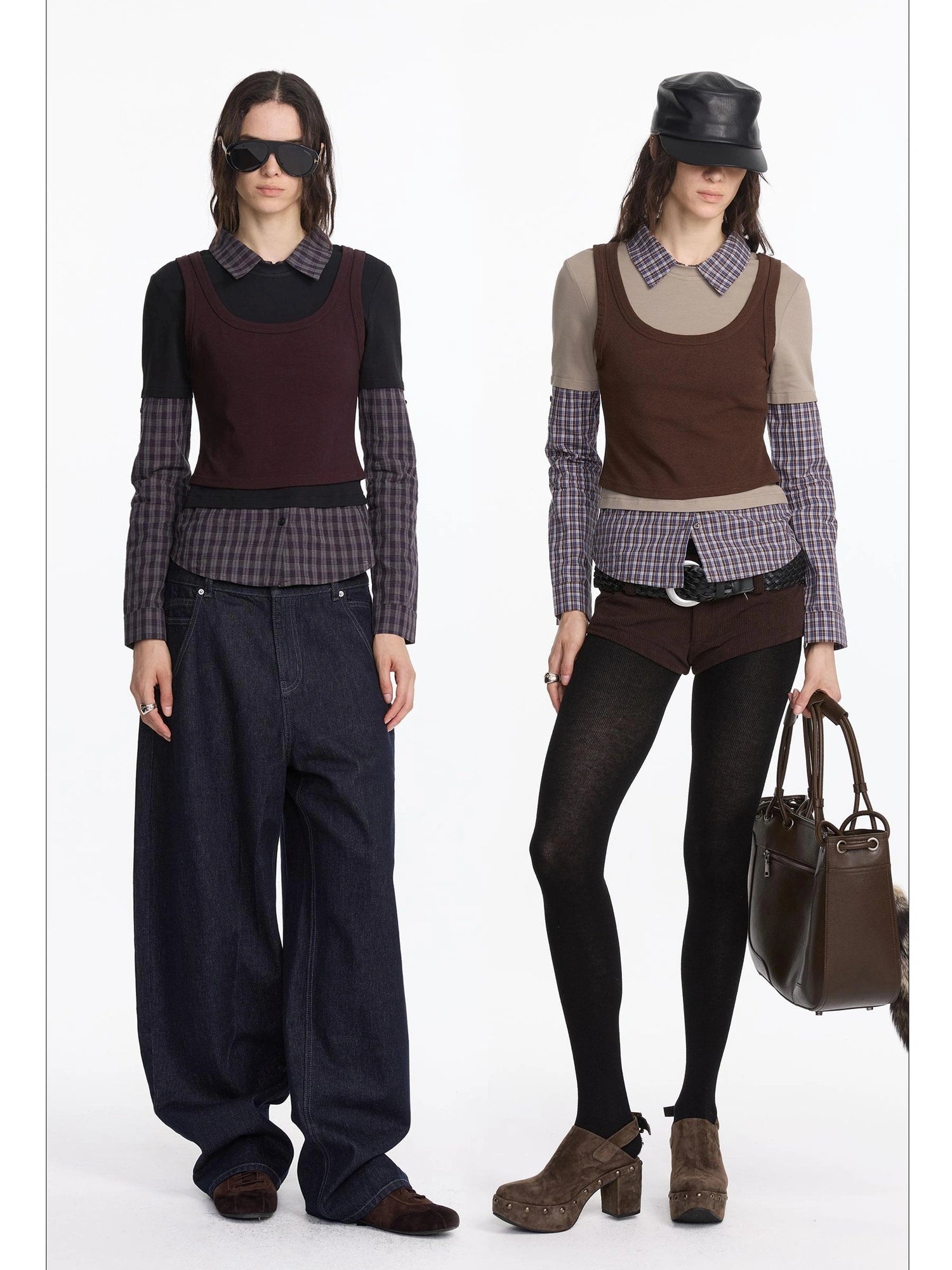 LYUOCHENG Autumn Winter Fake Three Piece Plaid Polo Long Sleeve Top