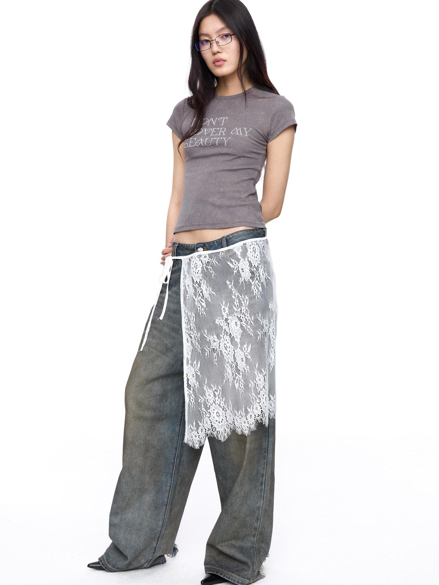 LYUOCHENG Black And White One Piece Lace Tie Mid Skirt Natural Waist Women&