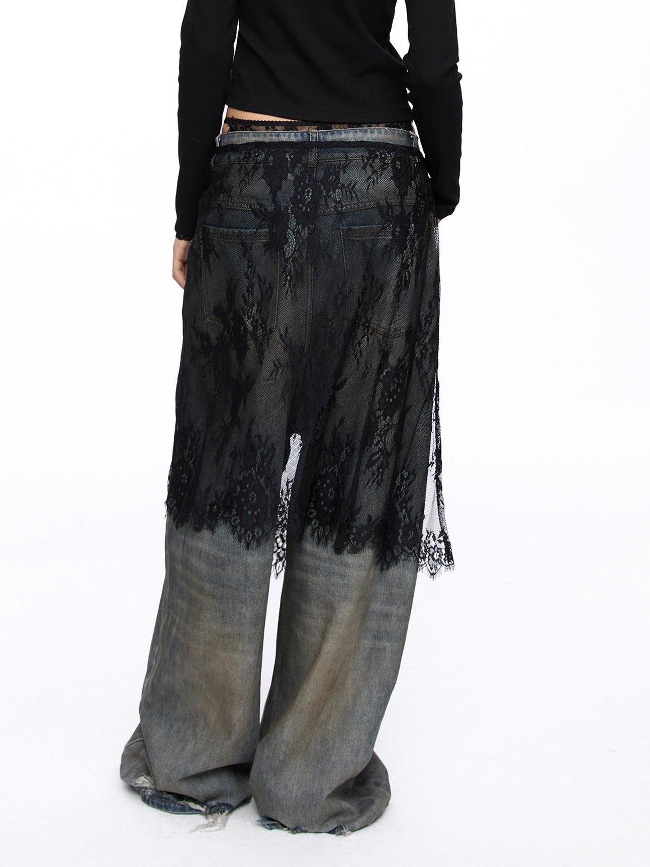 LYUOCHENG Black And White One Piece Lace Tie Mid Skirt Natural Waist Women&