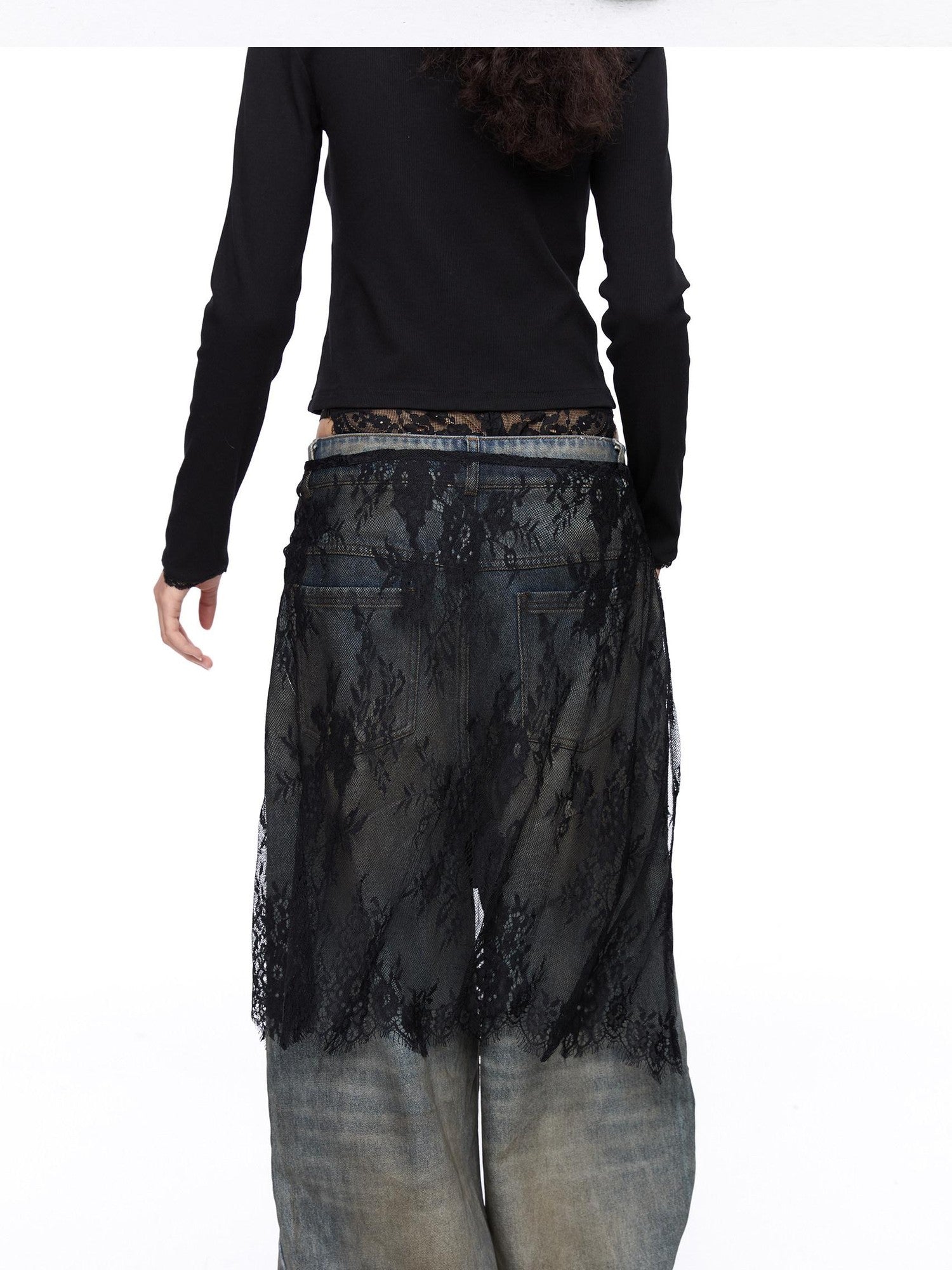 LYUOCHENG Black And White One Piece Lace Tie Mid Skirt Natural Waist Women&