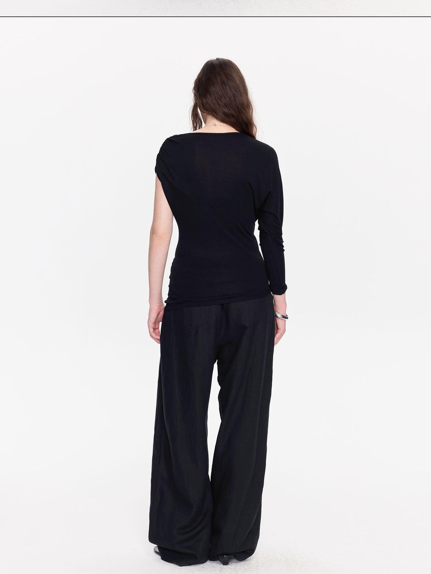 LYUOCHENG Black Asymmetric Shirred Casual Women&