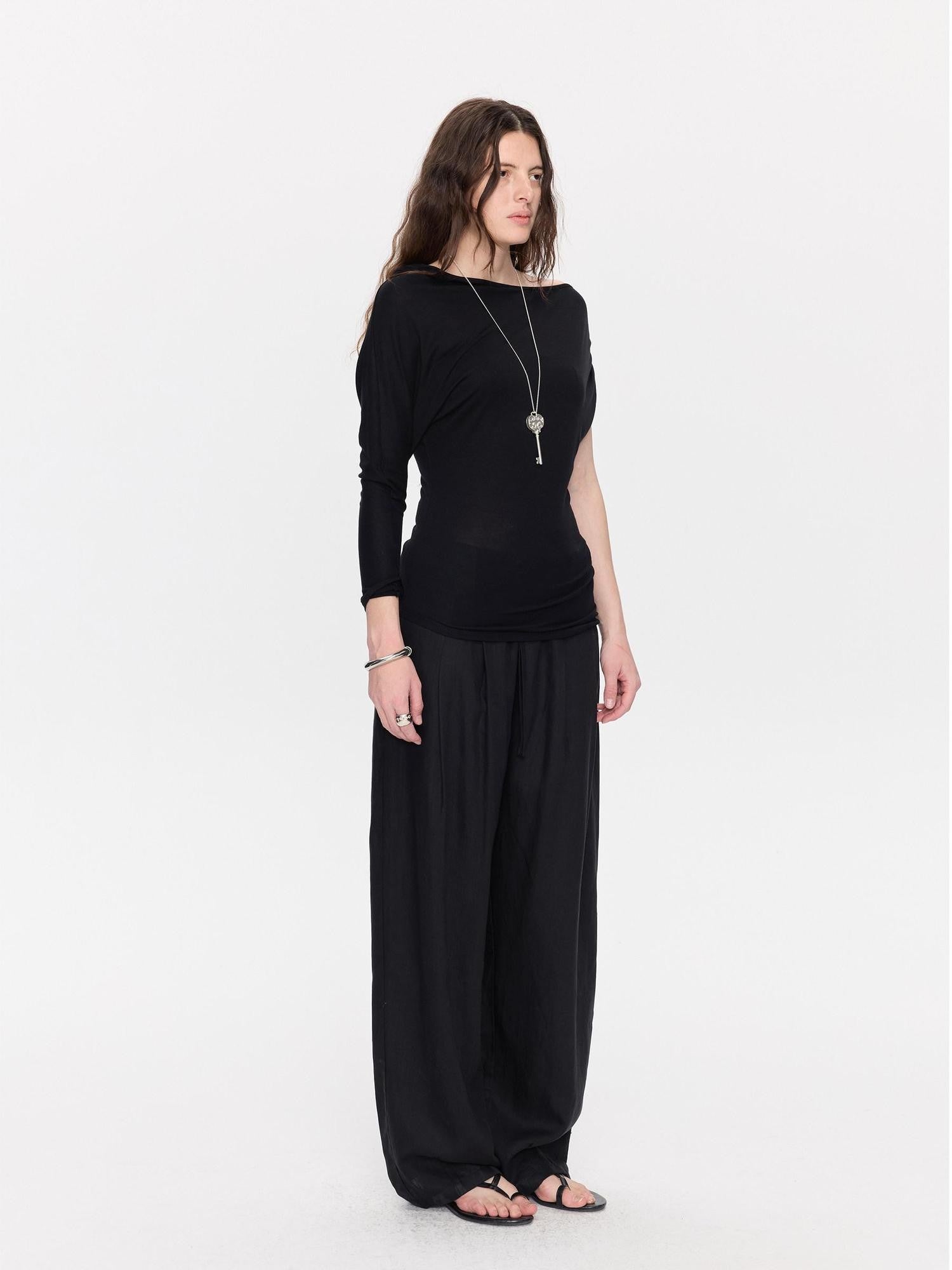 LYUOCHENG Black Asymmetric Shirred Casual Women&
