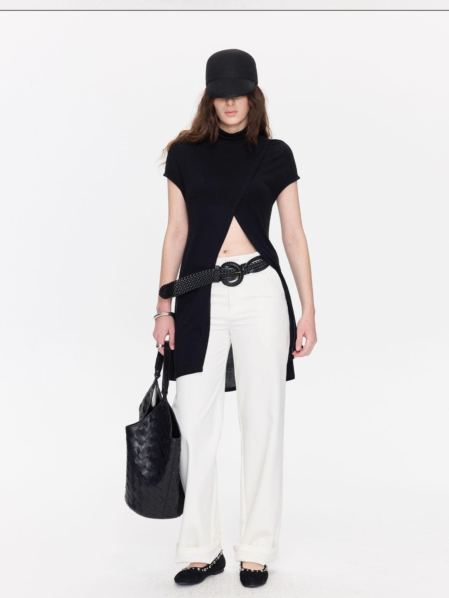 LYUOCHENG Black Asymmetric Slit Shirred Cowl Women&