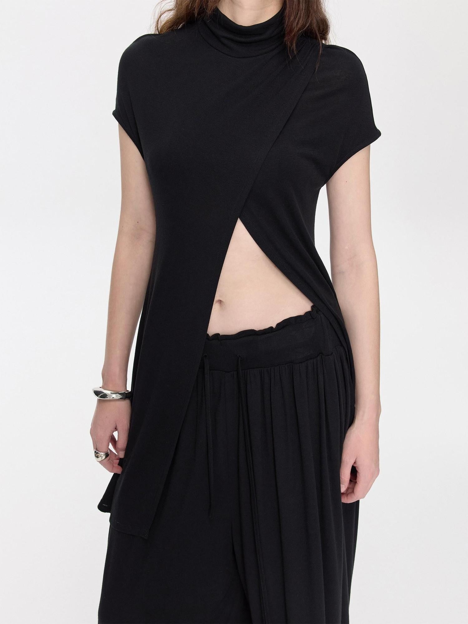 LYUOCHENG Black Asymmetric Slit Shirred Cowl Women&