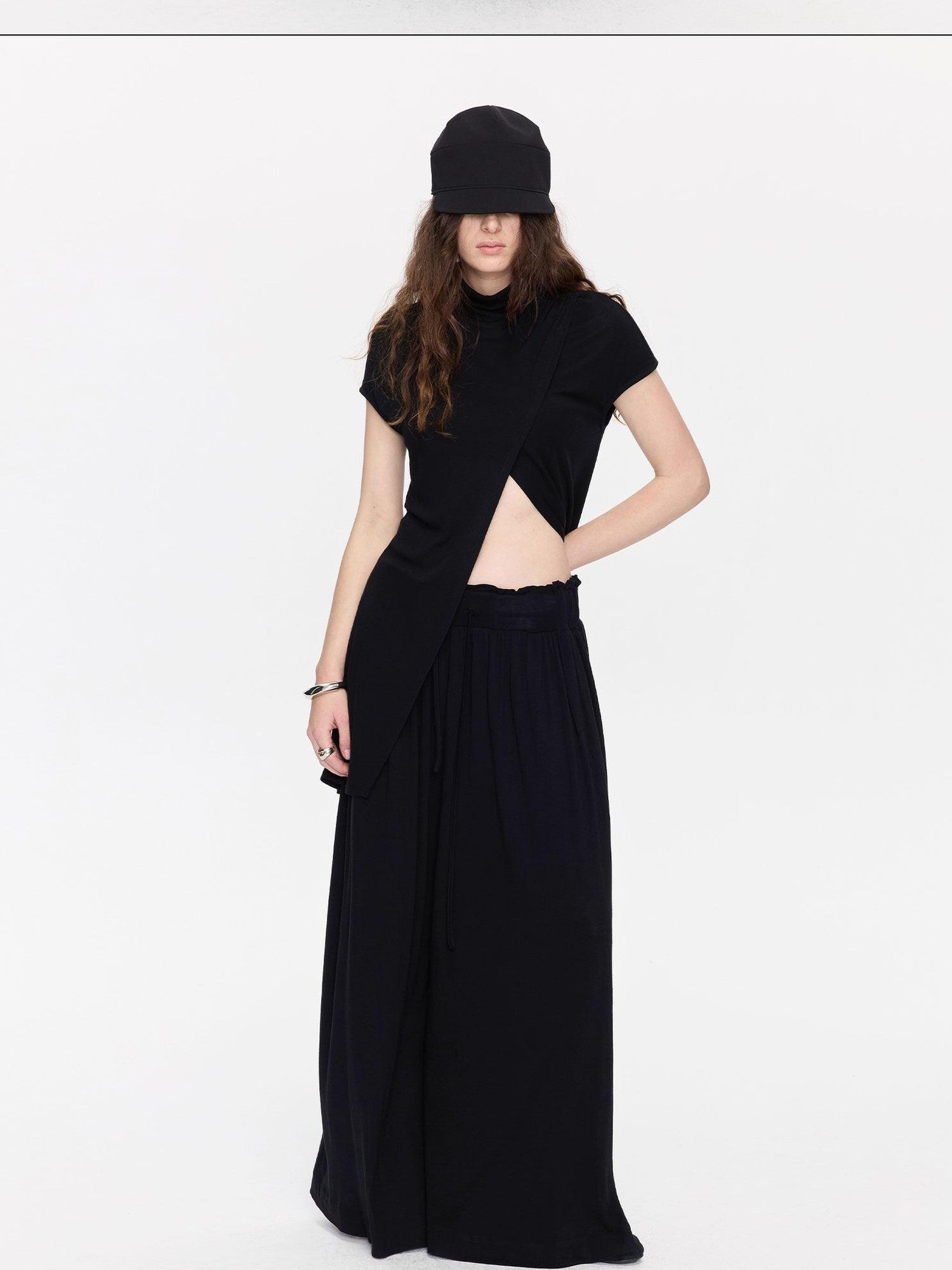 LYUOCHENG Black Asymmetric Slit Shirred Cowl Women&
