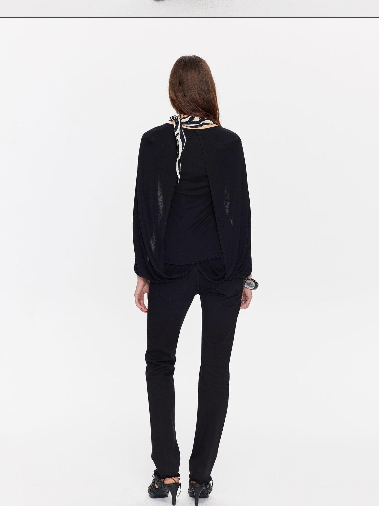 LYUOCHENG Black Cape Minimalist Deep V Women&