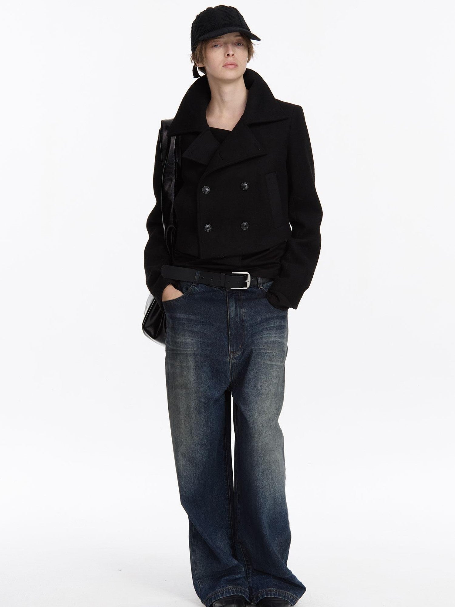 LYUOCHENG Black Double Breasted Stand Collar Women&