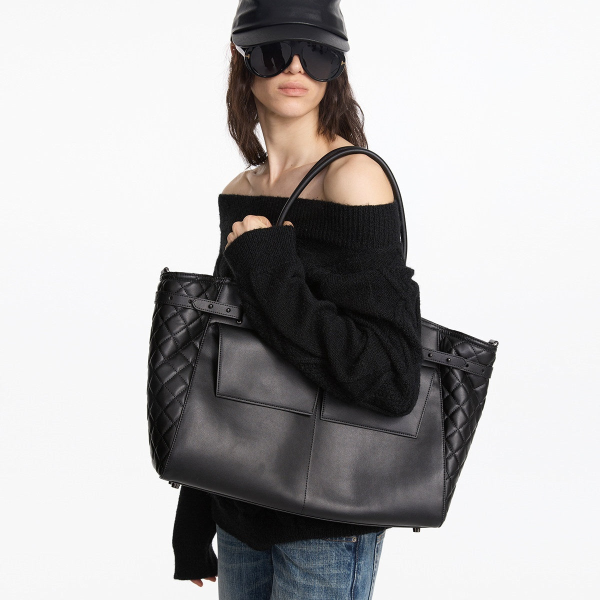 LYUOCHENG_Black_Embossed_Structured_Square_Tote_Detachable_Strap_Women&