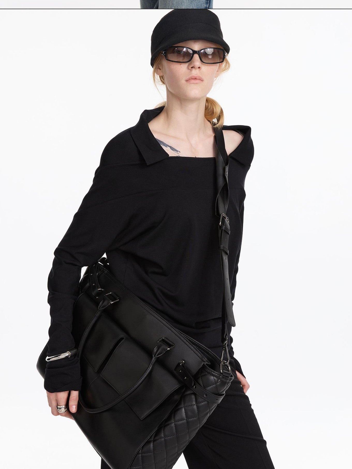 LYUOCHENG Black Embossed Structured Square Tote Detachable Strap Women&