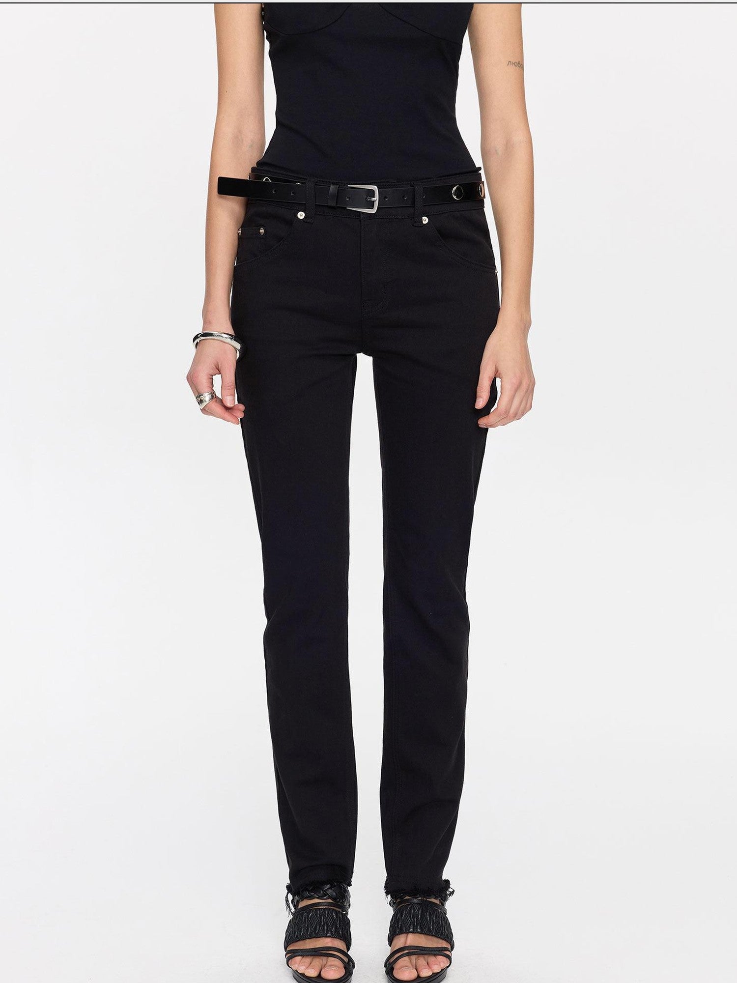 LYUOCHENG Black Frayed Hem Low Rise Stretch Straight Pencil Women&