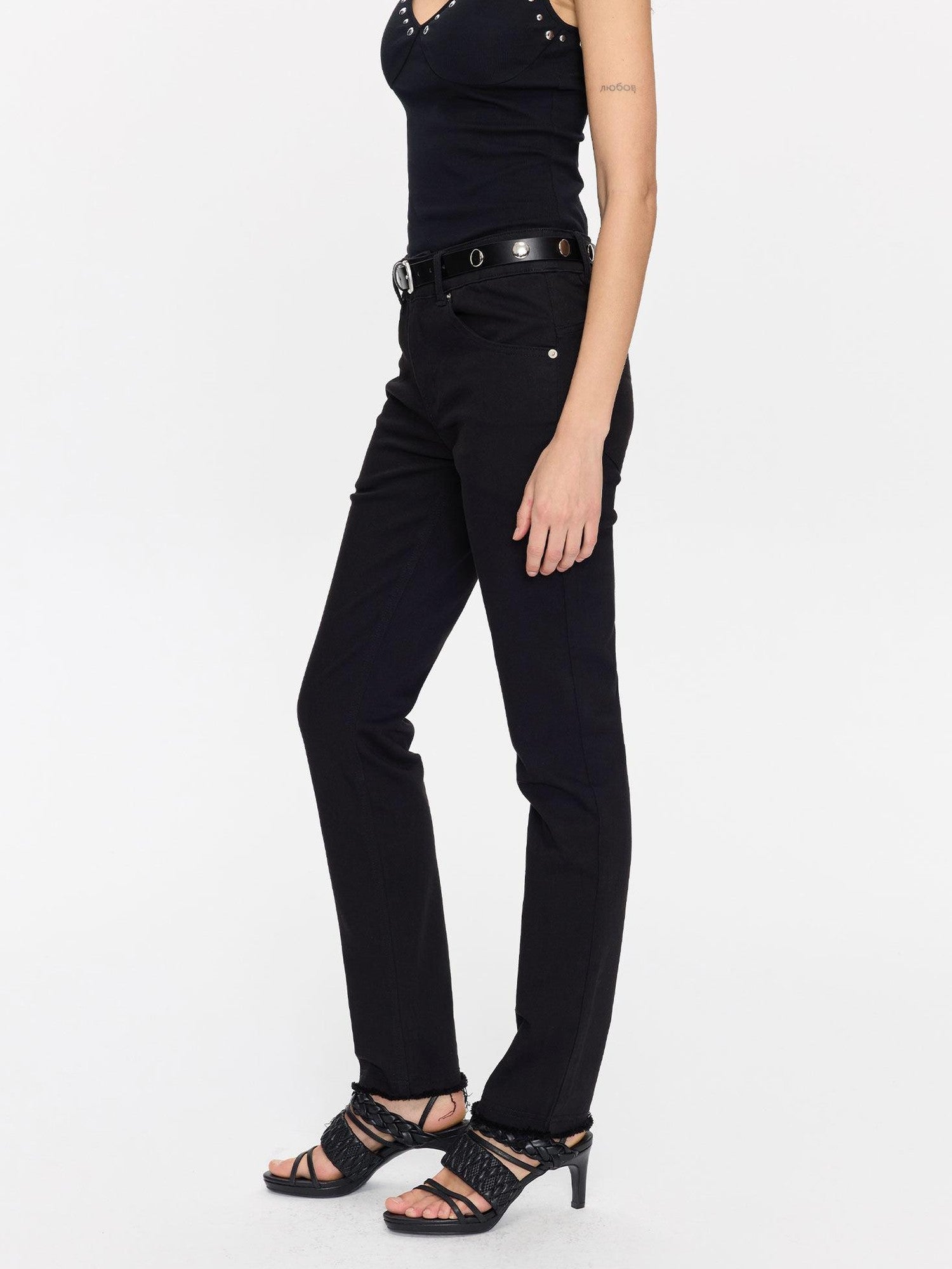 LYUOCHENG Black Frayed Hem Low Rise Stretch Straight Pencil Women&