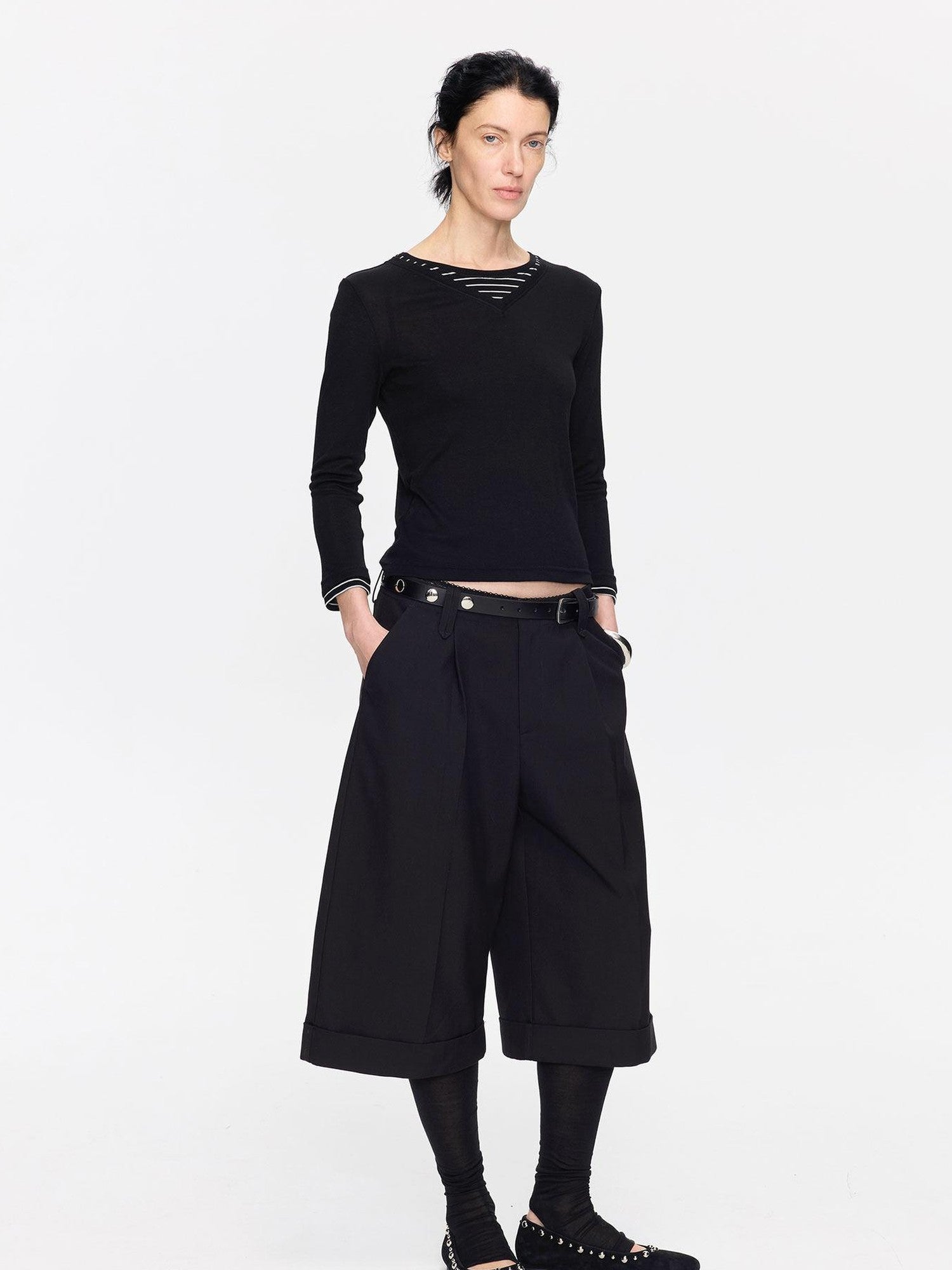 LYUOCHENG Black Patchwork Faux Two Piece V-neck Women&